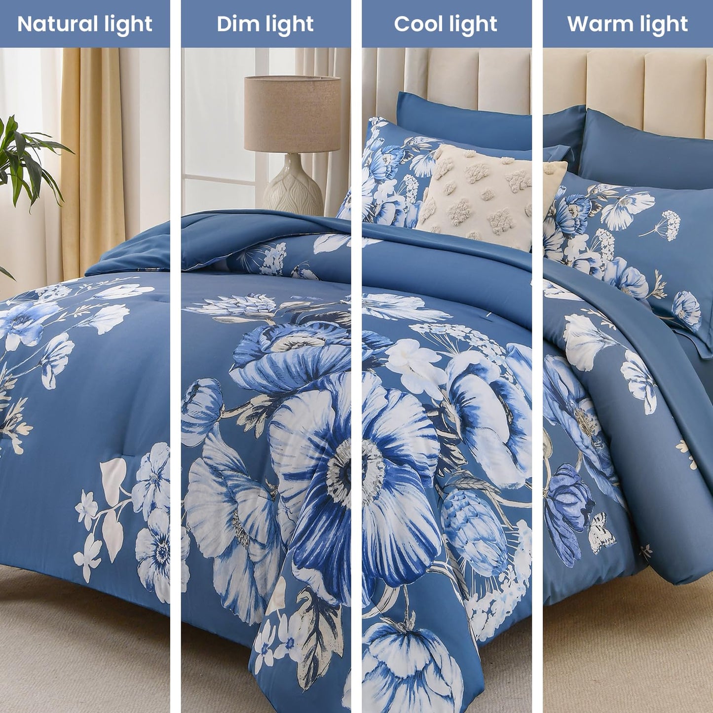LLDSYW Queen Comforter Set - 7 Pieces Bed in a Bag Blue Floral Queen Comforter Set with Sheets, Soft Microfiber Flower Complete Bedding Set for All Seasons（Blue,90"x90"）