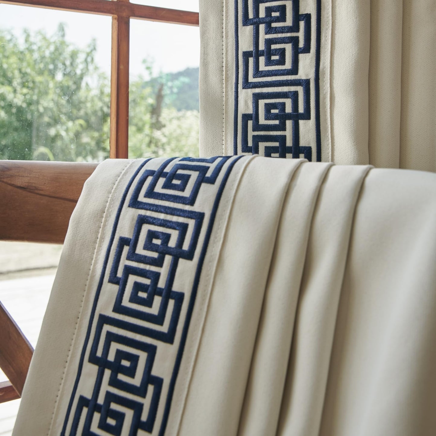 VisionaryHomeDesign Cotton Blend Yellow Cream Curtain - Geometric Trim, Soft, Durable - Elevate Your Space with Retro Details(2 Panels) (50‘’W x 96‘’L)