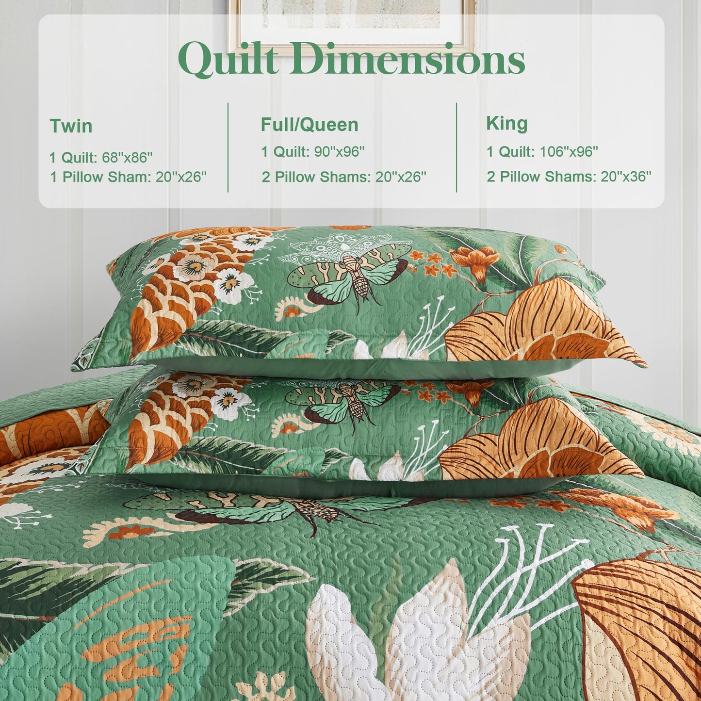 Tyrot 3 Piece Sage Green Boho Floral Full/Queen Quilt Sets Farmhouse Botanical Reversible Lightweight Bedspread Coverlet with 2 Shams Butterfly Microfiber Bedding Quilts Set for All Season, 90''x96''