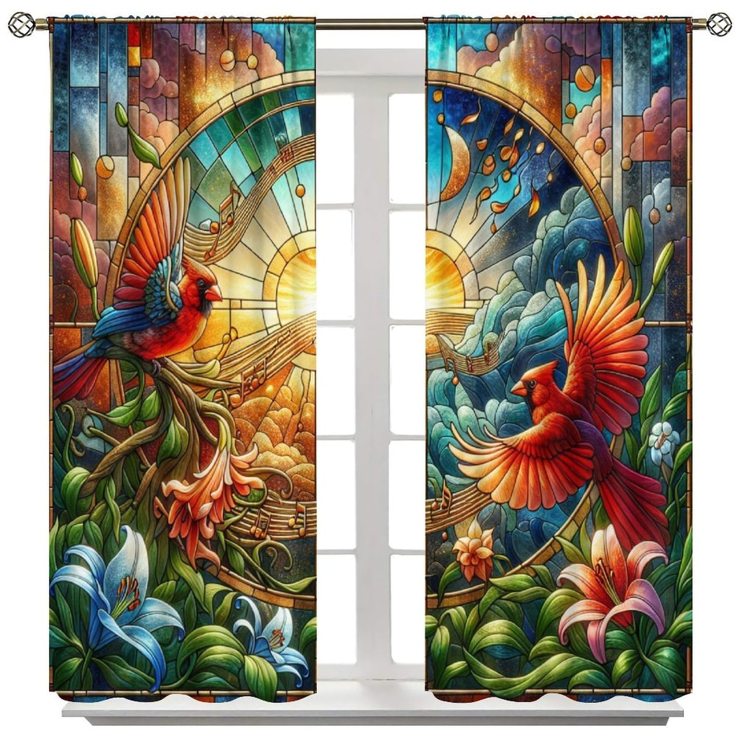 FengMingRui Cardinal Stained Glass Curtains Modern Art Flower Bird Note Dream Blackout Window Treatments for Kids Boys Girls Bedroom Living Room Window Drapes 42" W X 45" L