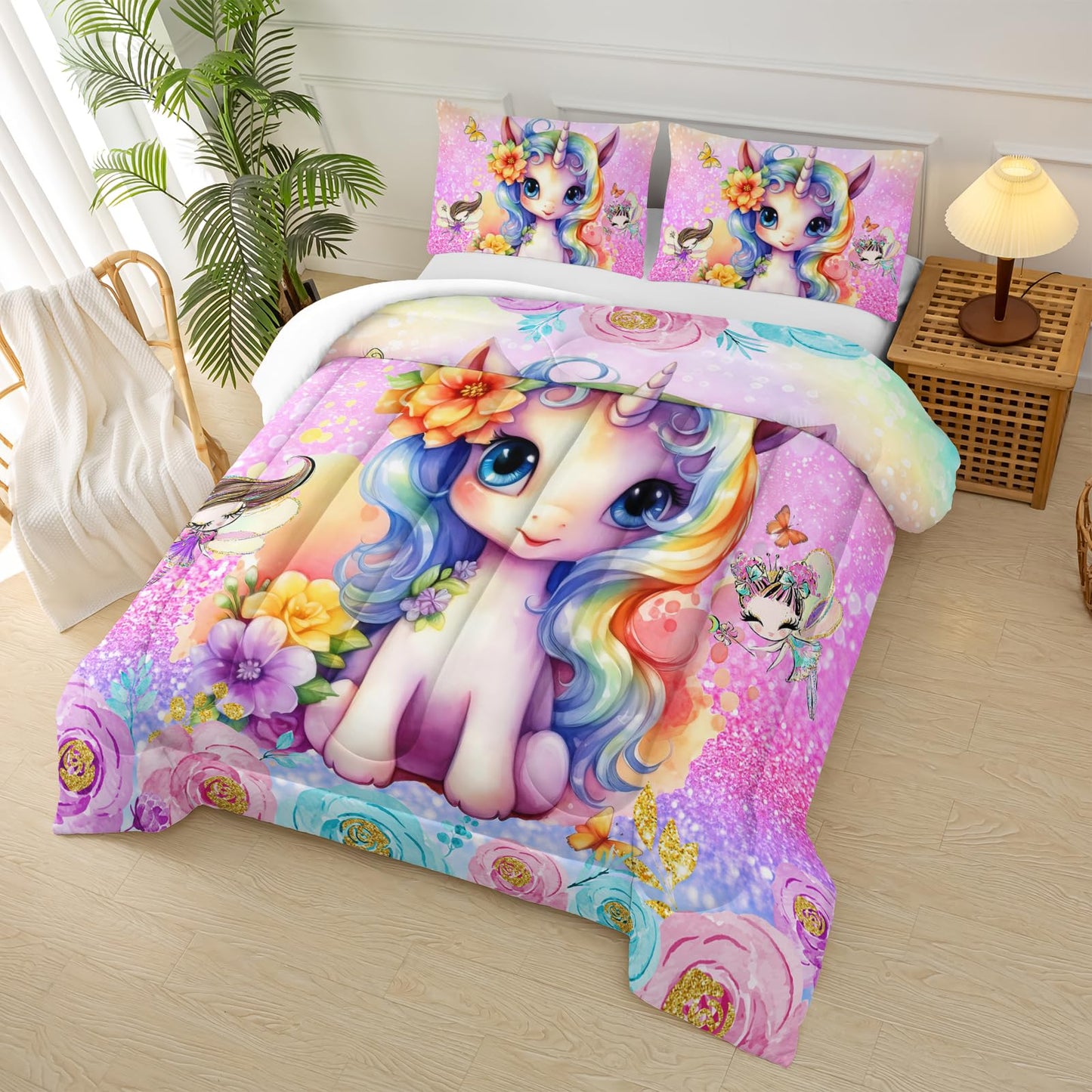 lneffble Cute Unicorn Comforter Set Twin for Girls Kids, Rainbow Unicorn Flower Print Galaxy Bedding Set,Soft Microfiber Cartoon Comforter Set with 2 Pillowcases,Toddler Bedding Set