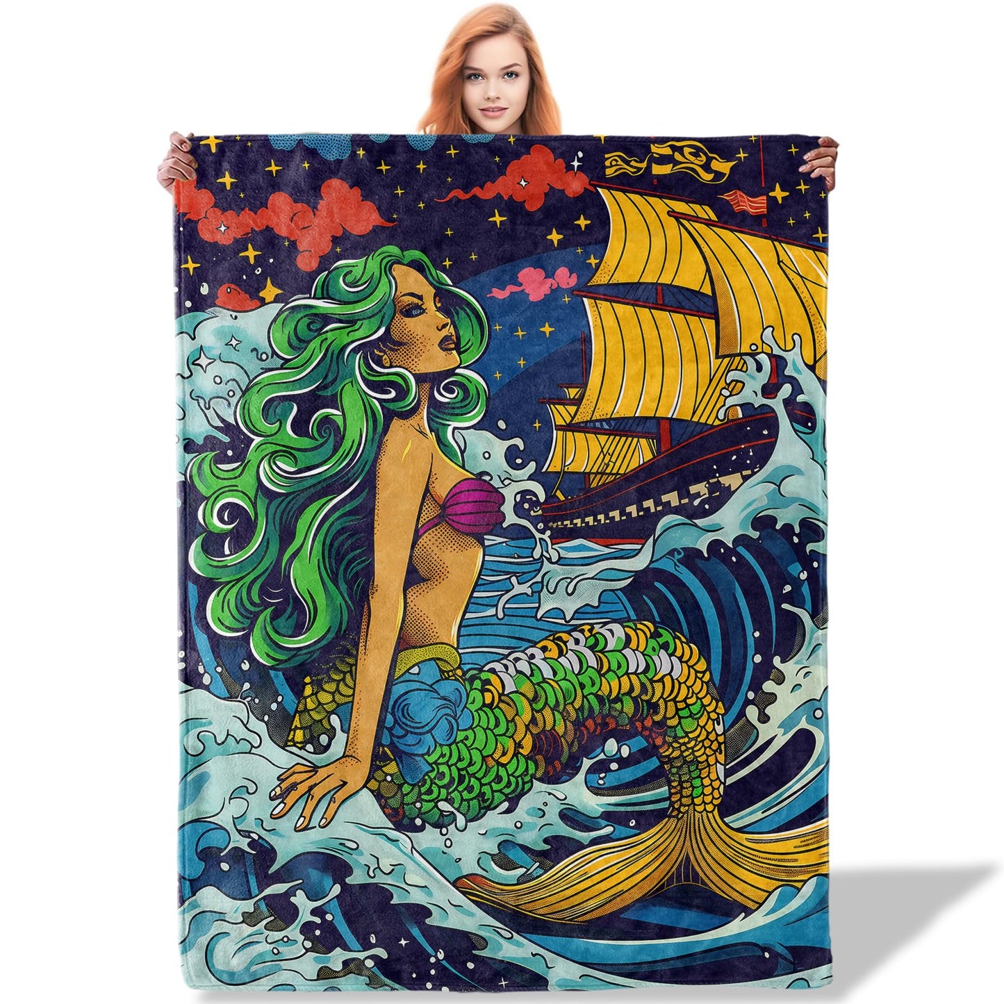 Plistiz Mermaid and Ship Throw Blanket 50x60 Inch, Nautical Blankets for Beach Home Decor, Soft Flannel Polyester Gift for Ocean Lovers