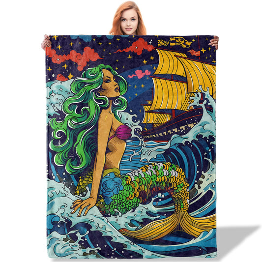 Plistiz Mermaid and Ship Throw Blanket 50x60 Inch, Nautical Blankets for Beach Home Decor, Soft Flannel Polyester Gift for Ocean Lovers