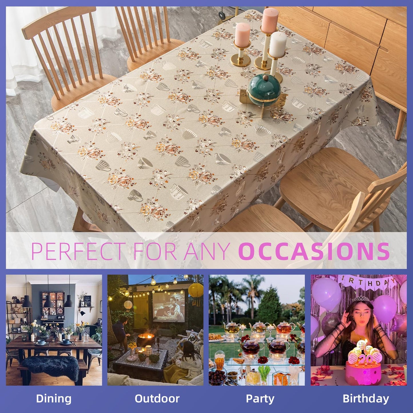 FAVE Heavy Duty Vinyl Tablecloths with Peony Waterproof Oil-Proof PVC Table Cloth Stain-Resistant Wipeable Table cloths for Wedding, Banquet, Birthday, Party, Restaurant Decorations (Gold, 55X78 Inch)