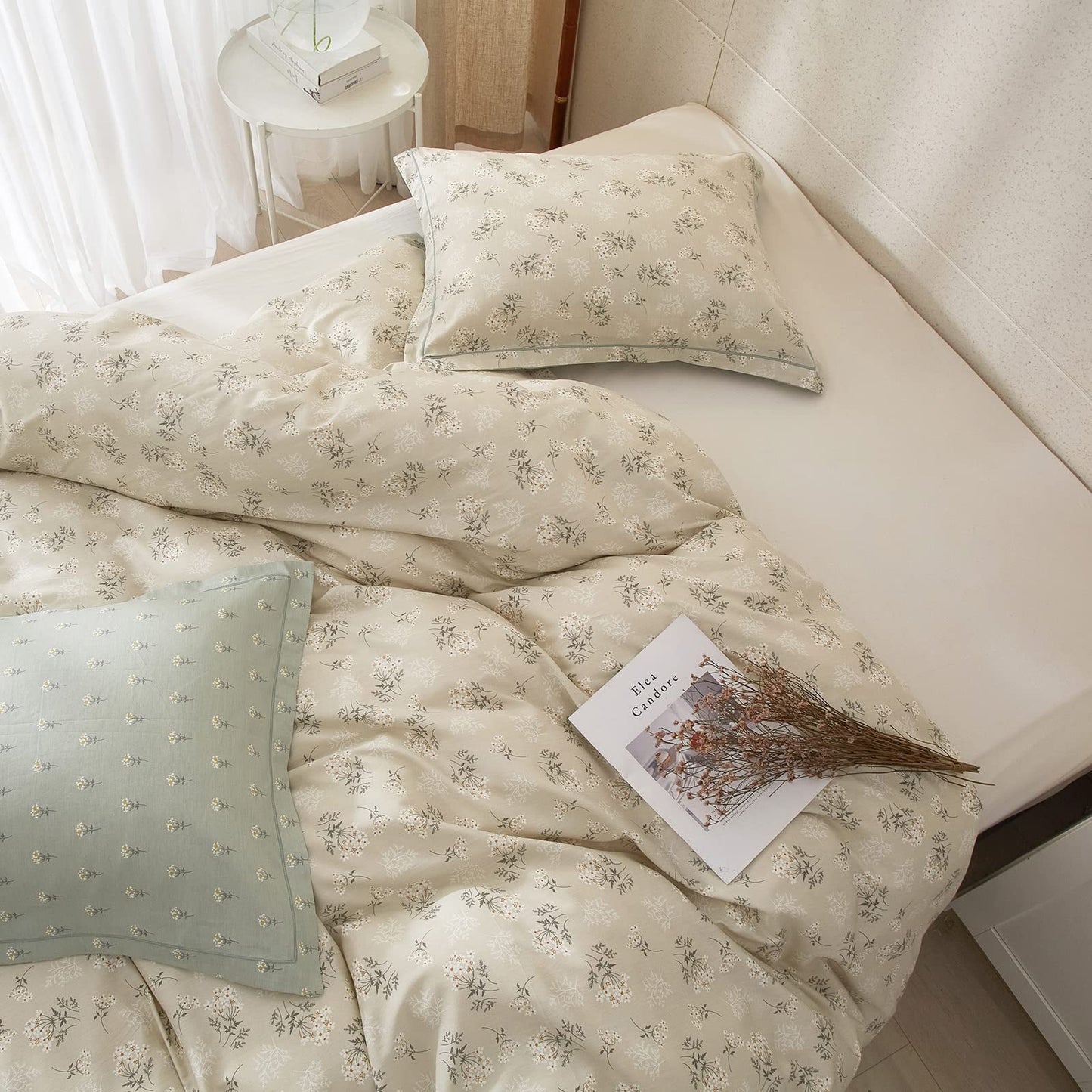 VM VOUGEMARKET Garden Flower Duvet Cover Set Queen Cotton Aesthetic Bedding Set Reversible Duvet Cover with 2 Pillow Shams,Blooming Comforter Cover for Girls