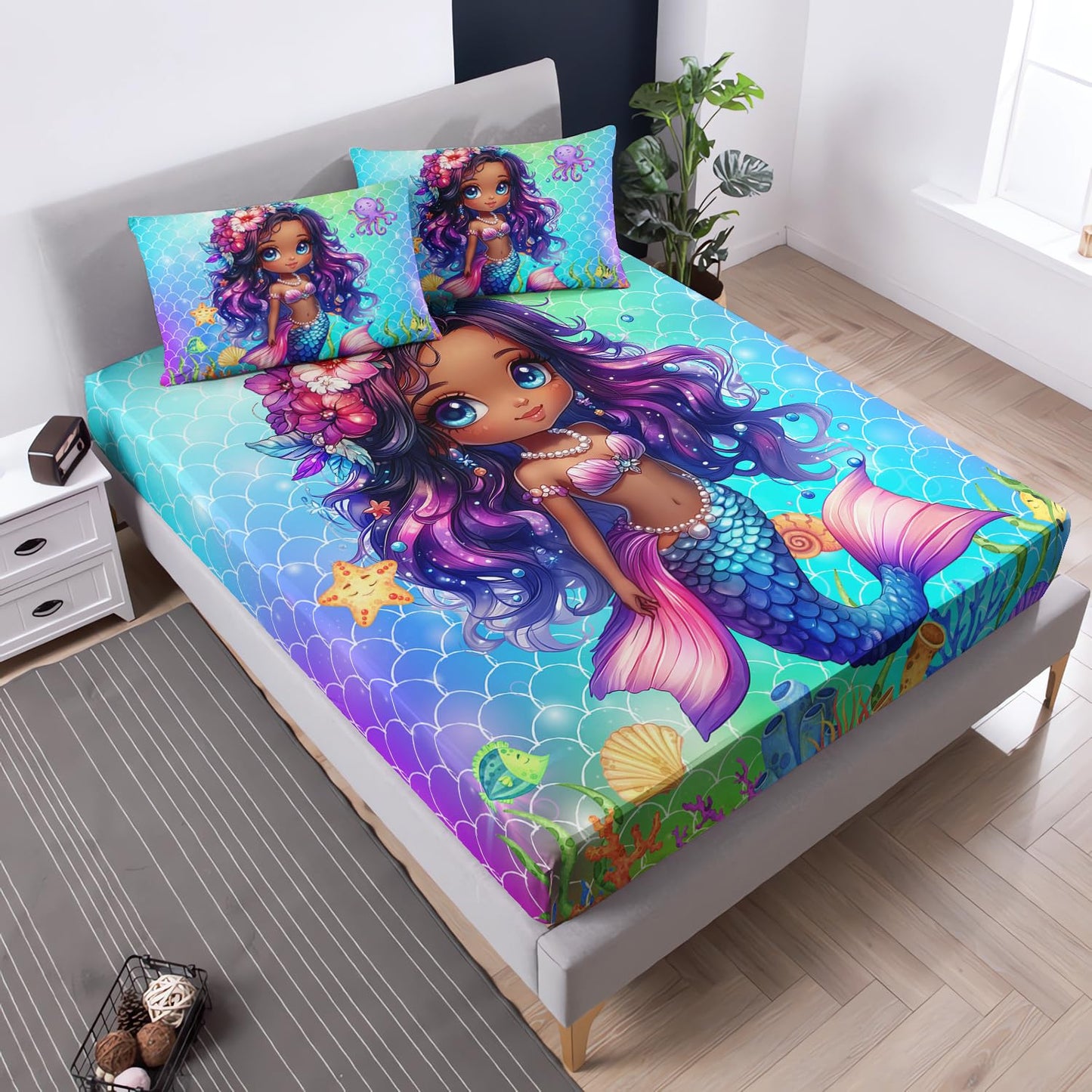 UEVBF Kids Cute Mermaid Fitted Sheet Set Full Size,Black Little Girls Pattern Bedding for Kids Girls Bedroom,Mermaid Scale Seaweed Bedding Sets,1 Fitted Sheet+2 Pillowcases.