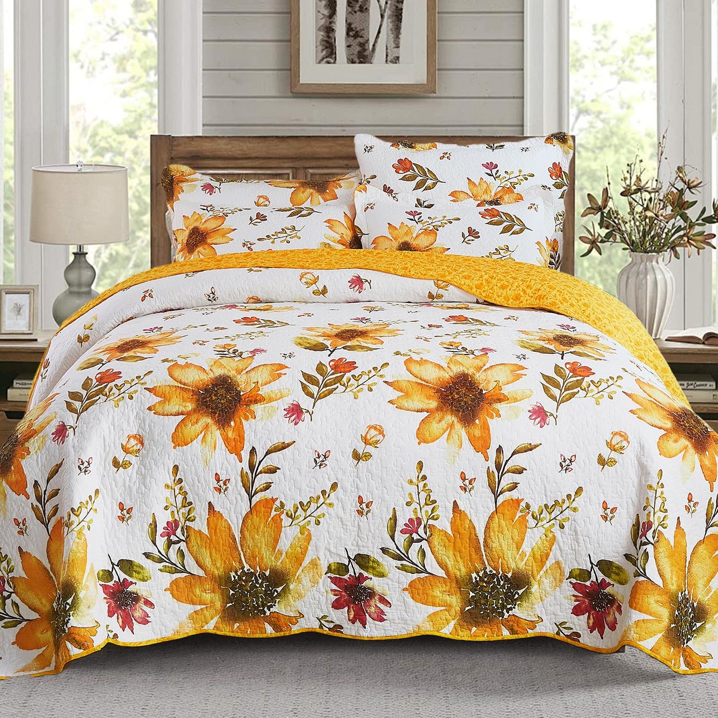 Cmfshape Floral Quilt Sets Bedspread Set,100% Cotton Yellow Sunflower Bedding Set,Reversible Lightweight Soft Bedspread Coverlet for All Season with 2 Pillow Shams(Queen 92"x96")