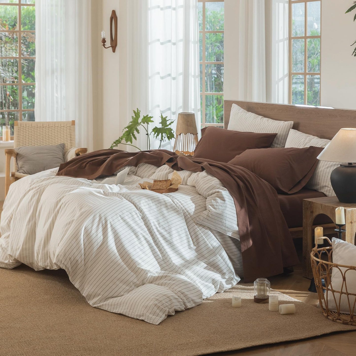 MooMee Fitted Bottom Sheet Only 100% Washed Cotton Linen Like Textured Breathable Durable Soft Comfy Deep Pocket Fits Mattress up to 17" (Cocoa Brown, Queen)