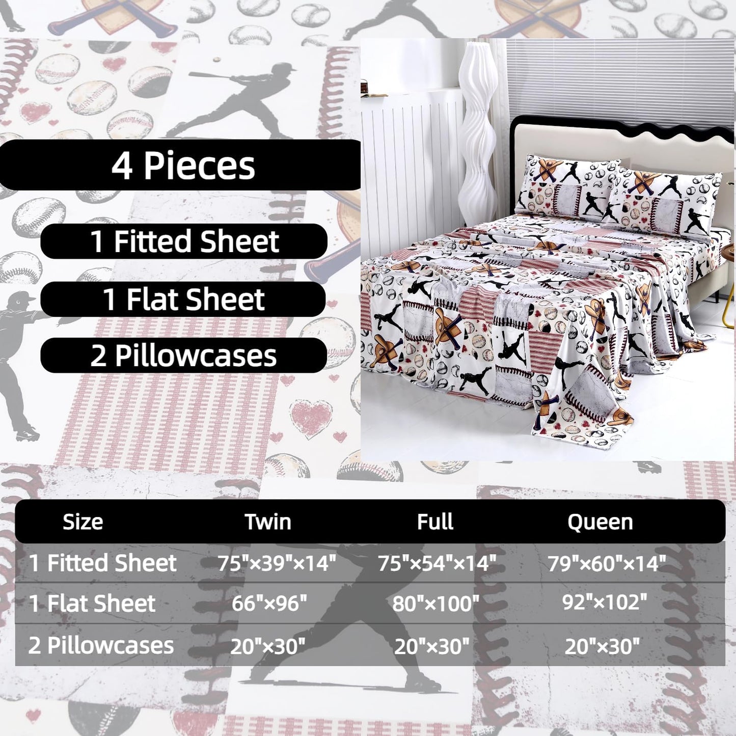 SDIII 4 Pieces Baseball Sheets Twin for Boys Girls Kids Teens, Soft Microfiber Deep Pocket Sport Themed Twin Sheets Set for All Season