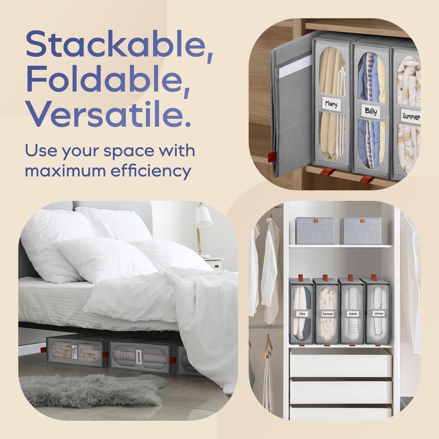 BAMBALIK 4x Bed Sheet Organizer Storage Boxes with Big See-Through Windows - Bedsheet Organizers Redesigned. Robust Bed Sheet Storage -15x13x5 Inches Sheet Organizers Containers (Gray)