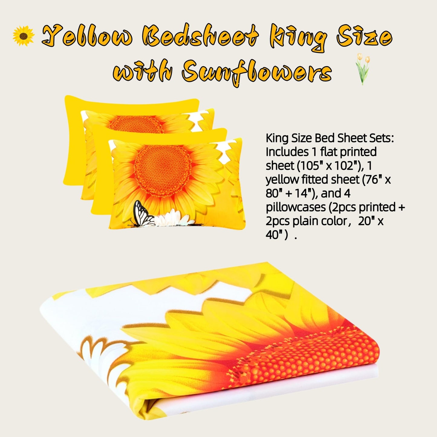 6Pcs Bed Sheet Set King Size, Sunflower Floral Printed Soft Microfiber Bedding Sets with 1 Butterfly Patterned Sheet 1 Deep Pocket Fitted Sheet and 4 Pillowcases, Yellow