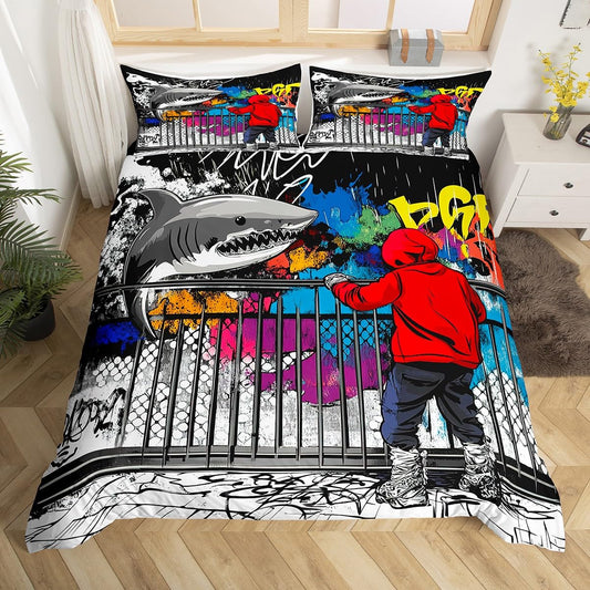 Erosebridal Hip Hop Décor Duvet Cover King Size Colorful Bedspreads Cover Graffiti Pattern Quilt Cover Street Culture Theme Decor Bedding Set Graffiti Pattern Decor Quilt Cover for Adult Kids Teens
