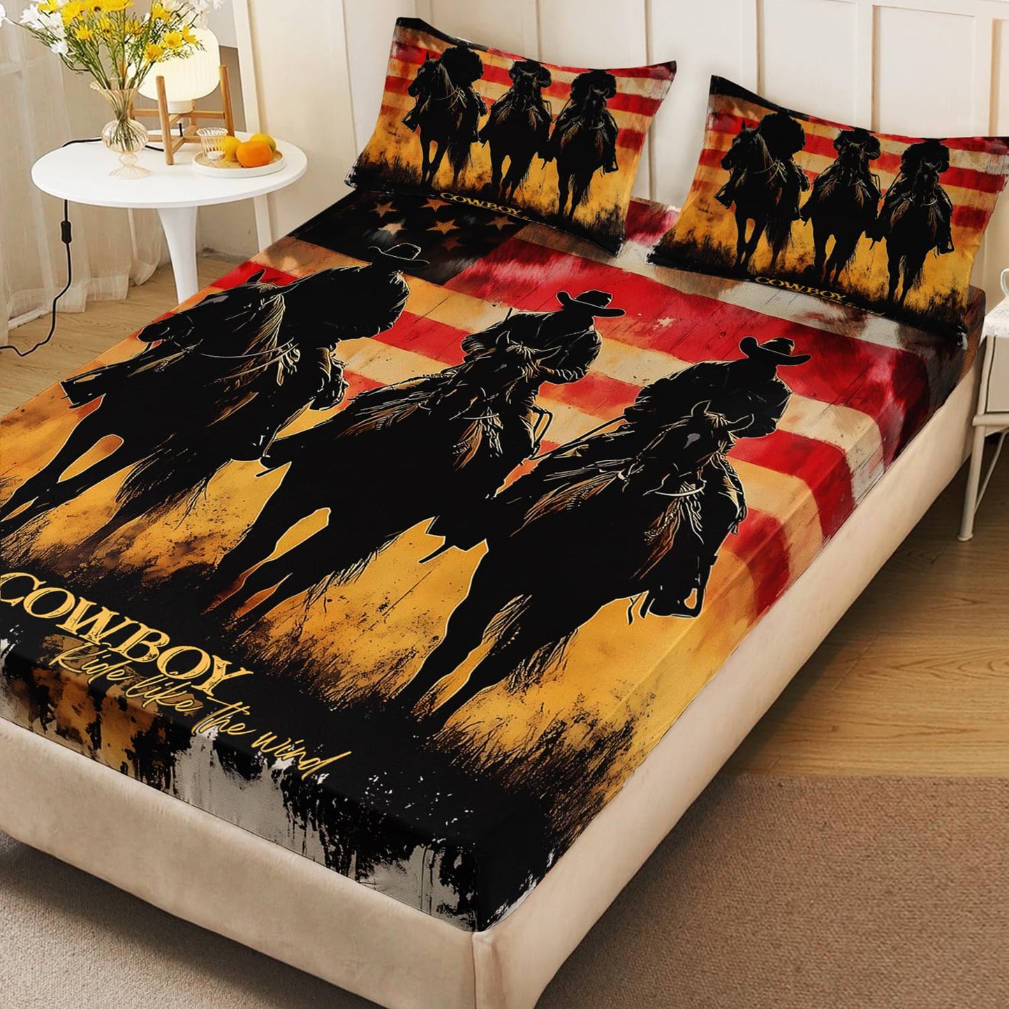 HOSIMA Cowboy Twin Fitted Sheet,Cowboys Riding Horses Print Western Bedding for Adults Teens Boys Room Decor,American Flag Background Pattern Country Bedding,1 Fitted Sheet+2 Pillowcases.