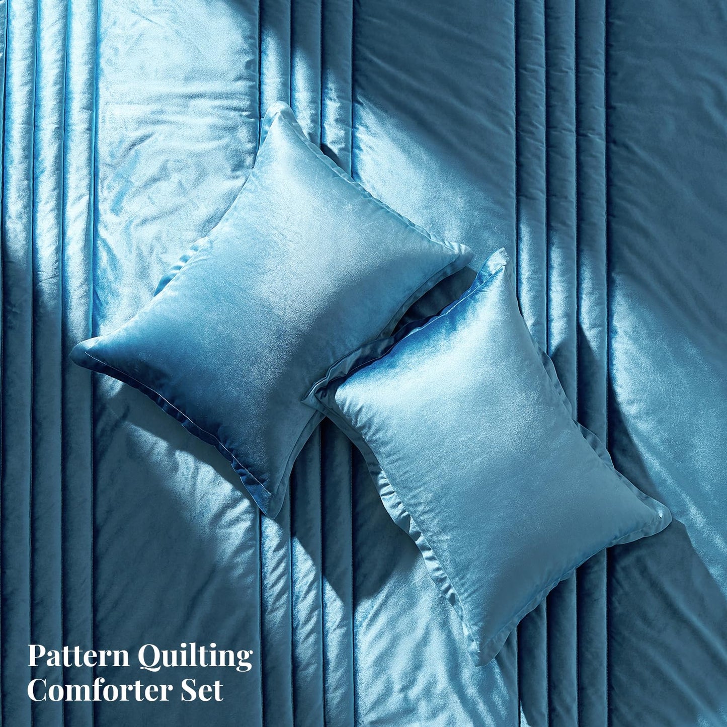 Blue Velvet Bedding Comforter Sets: Queen Size 3 Piece Luxury Ultra Soft Bed Set Suitable for All Seasons - Grayish Blue Cozy Striped Modern Rustic Lightweight Men Women Bedroom Comforter with 2 Shams