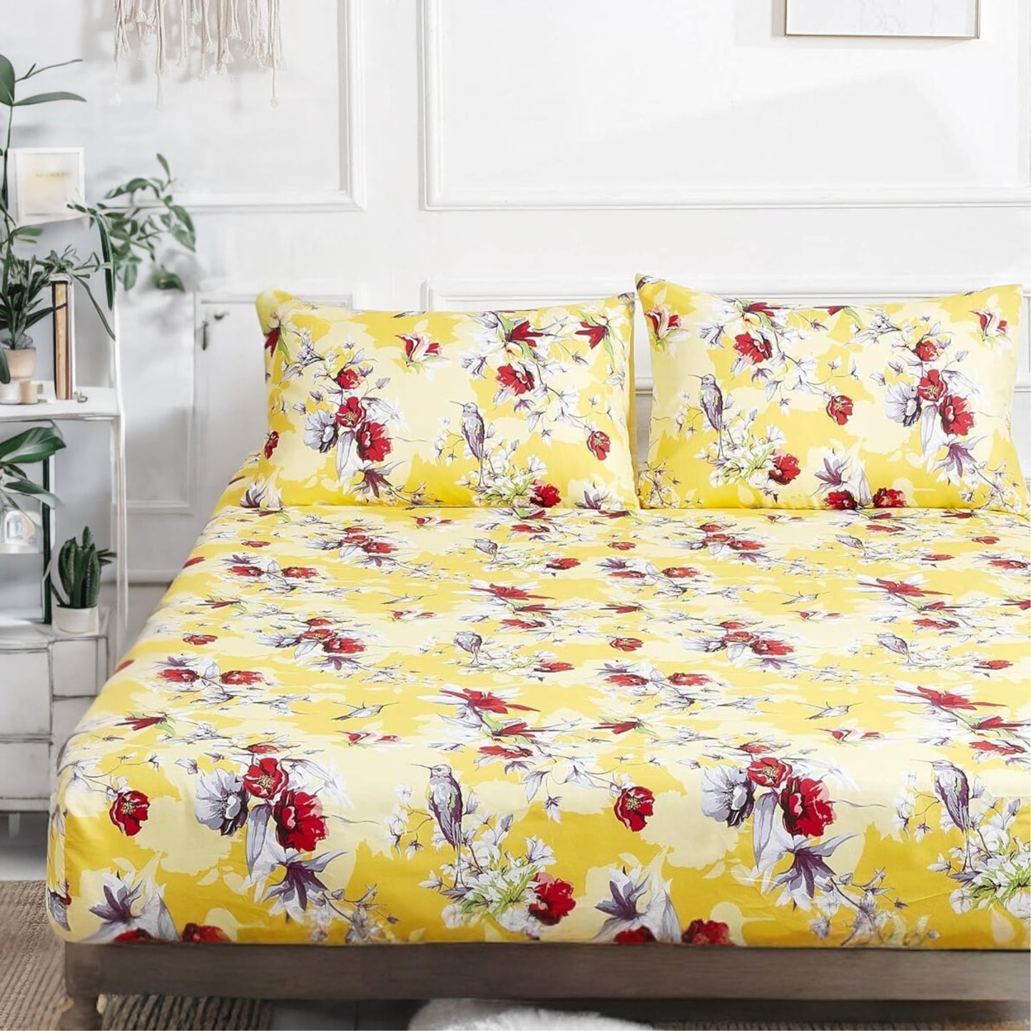 DaDa Bedding Radiant Sunshine Birds Floral Yellow Fitted Sheet - Spring Time Hummingbirds Bright Vibrant Multi-Colorful Red Flowers w/Pillow Cases Set - Full Size - 3-Pieces