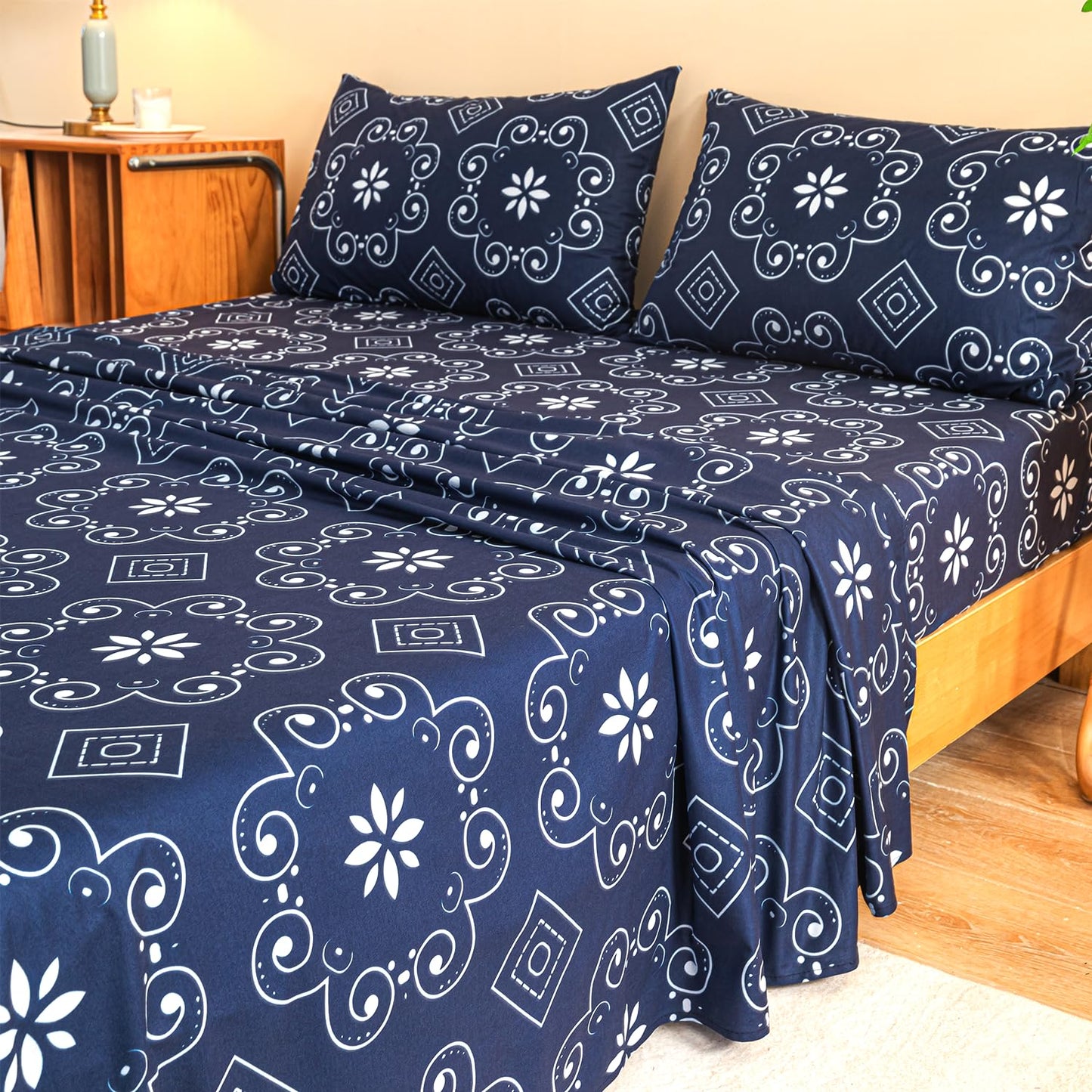 Marquess Microfiber Flannel Sheet Set - Ultra Soft Printed Bedding Collection, 16 Inches Deep Pocket, Flannel Bed Set Includes 1 Flat Sheet, 1 Fitted Sheet & 2 Pillowcases (Queen, Navy)