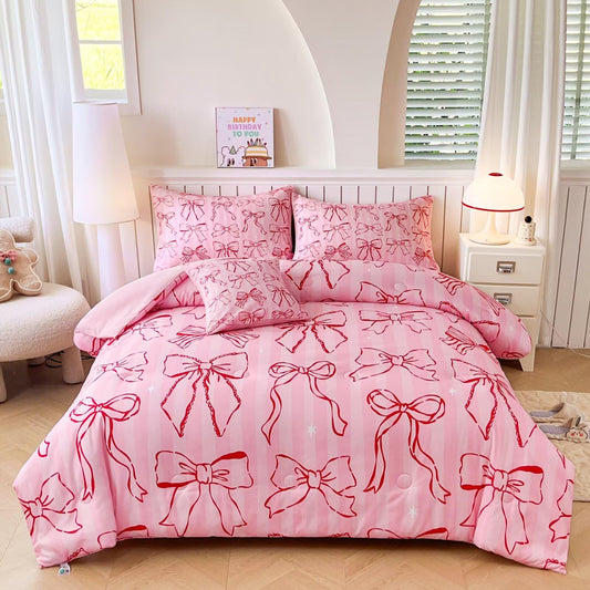 GRAT TIOC 6 Pieces Pink Bow Ribbon Comforter Set for Girls Twin,Girly Bed in A Bag Coquette Bows Bedding Set for Girl Kids (1 Comforter,1 Flat Sheet,1 Fitted Sheet,2 Pillowcases and 1 Cushion Cover)
