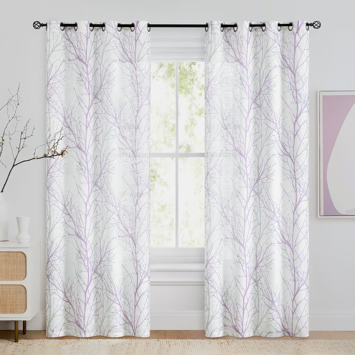 FMFUNCTEX Linen Semi Sheer Curtains for Bedroom, Lilac White Curtains 84 Inches Long for Living Room, Grey Tree Branch Patterned Curtain Light Filtering Farmhouse Window Drapes, Grommet Top 2 Panels