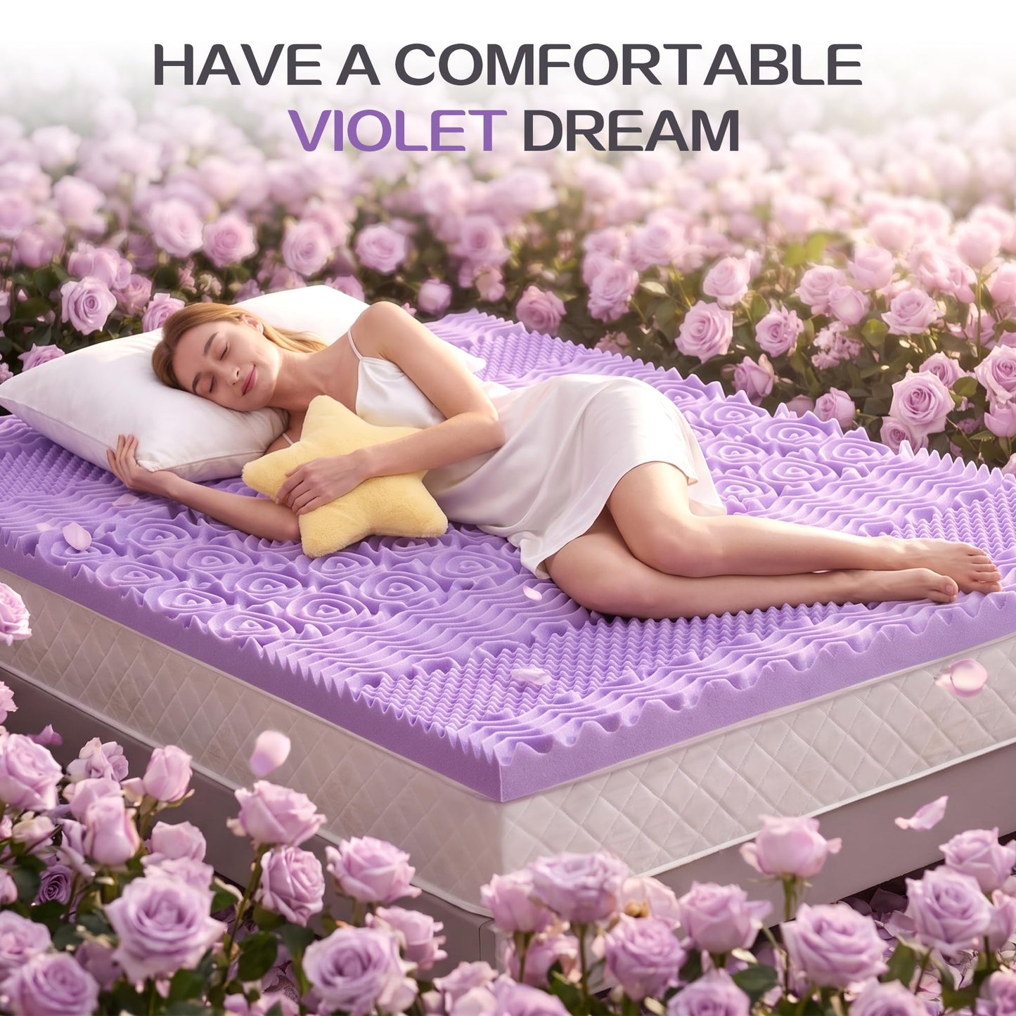 SINWEEK 1.5 Inch 7-Zone Memory Foam Mattress Topper Full Size, Soft Mattress Pad for Back Pain Relief, Egg Crate Bed Topper Double Bed Size, CertiPUR-US Certified, Violet