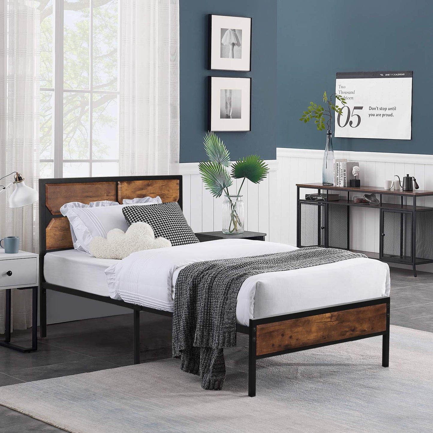 VECELO Twin Bed Frame Twin Size Bed with Wooden Headboard & Footboard, Metal Platform Mattress Foundation with Strong Slats Support& Storage Space, No Box Spring Needed/Easily Assemble