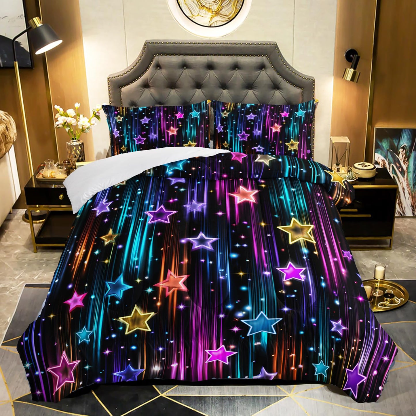 QOOMO 3Pcs Galaxy Comforter Set Twin,Glitter Star Bedding Set for Teens Boys Girls,Neon Stripes Printed Comforter with 2 Pillowcases,Down Alternative,Soft and Lightweight
