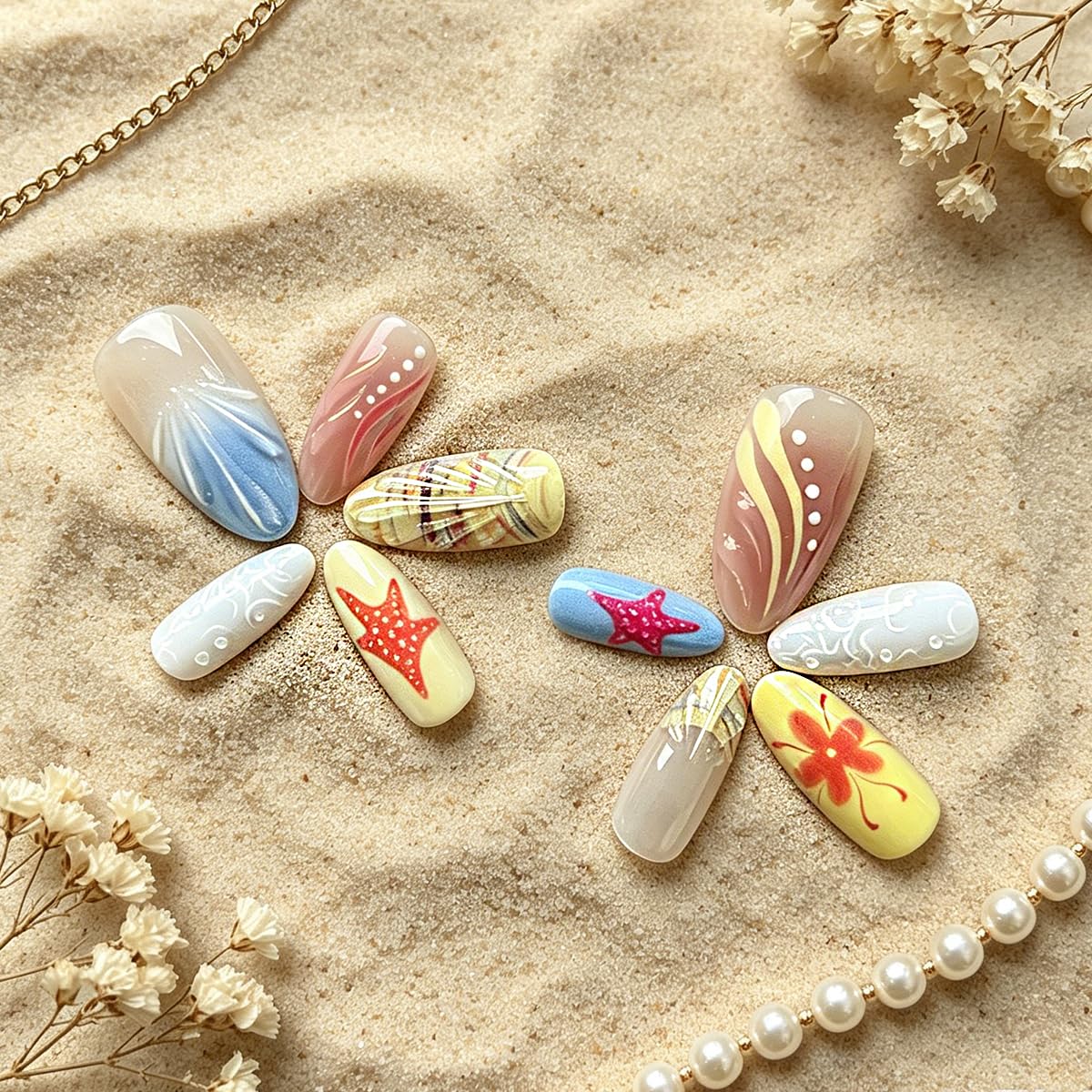 3D Press On Nails Almond Medium Fake Nails with Cat's Eye Embossed Starfish&Lines Summer Beach Designs, Acrylic Artificial Nail Press ons False Stick On Nails for Women Girls 30Pcs