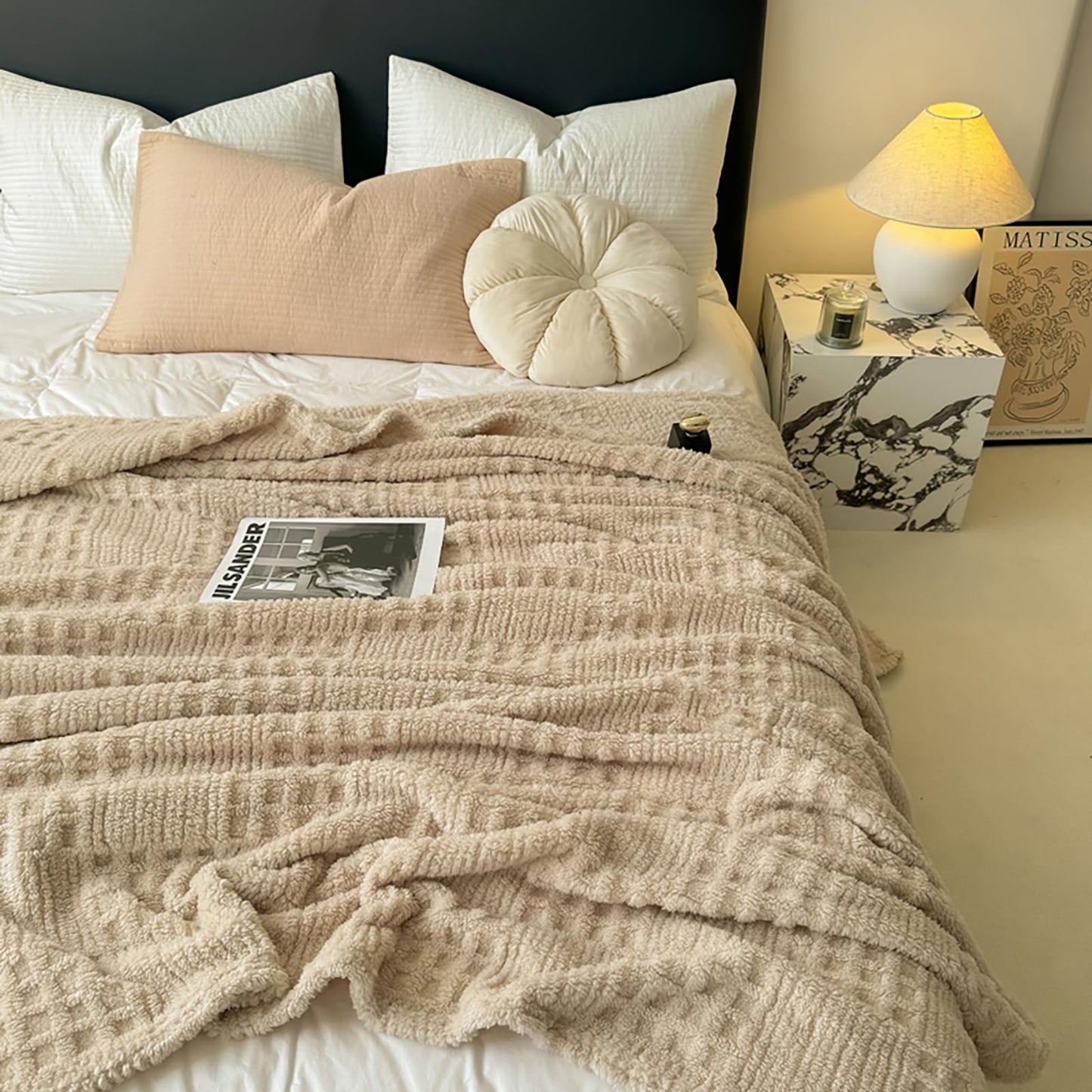 Throw Blanket for Couch or Bed，Waffle Weave Jacquard Decorative Blankets - Cozy Soft Lightweight Fuzzy Flannel Blanket(Milk Tea,80x90in)