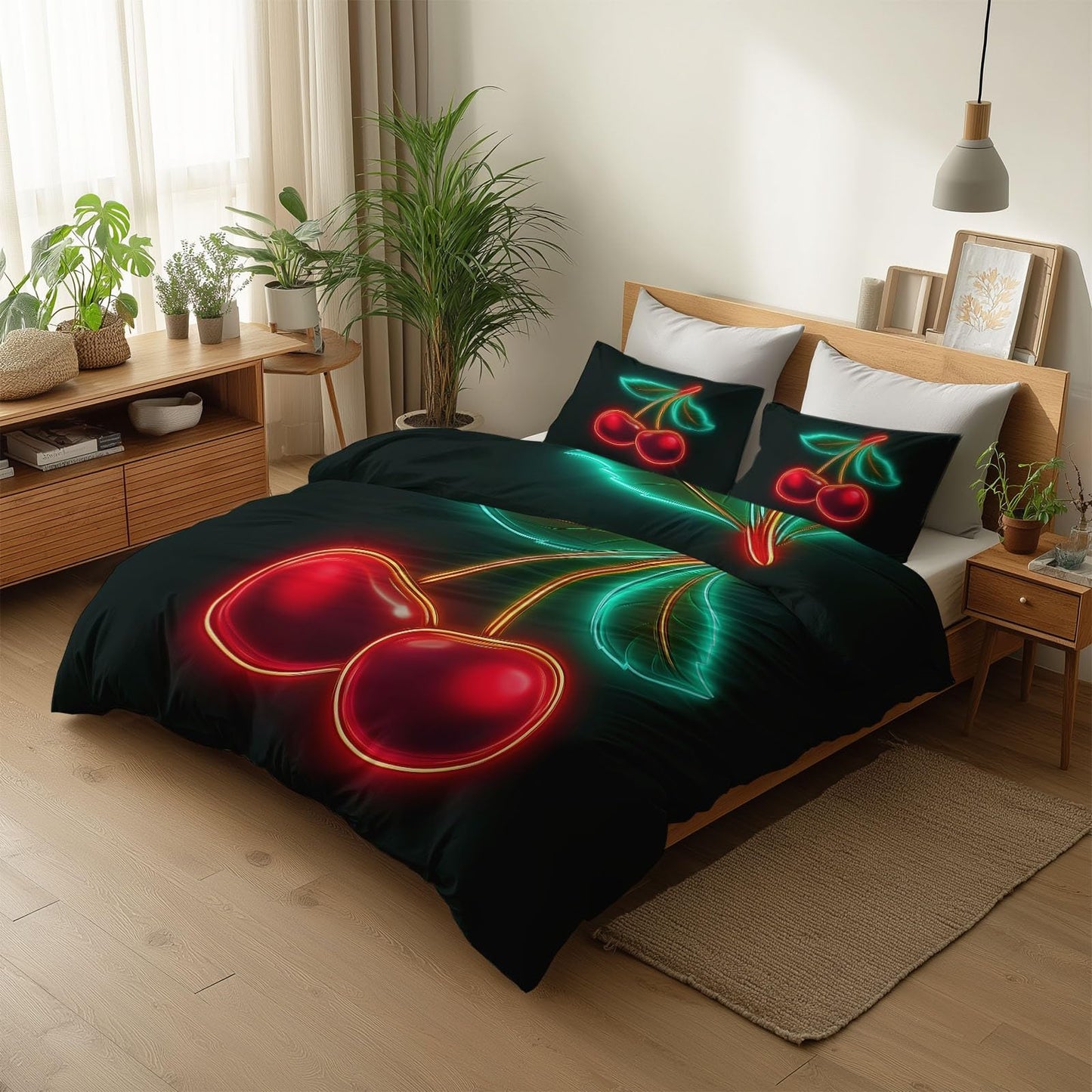 Super Soft Digital Art Duvet Cover Set Twin Size, Neon Futuristic Cherries Bedding for Kids Boys Girls Teens - Breathable and Anti-Allergic Soft Comforter Cover 2 Pillow Shams