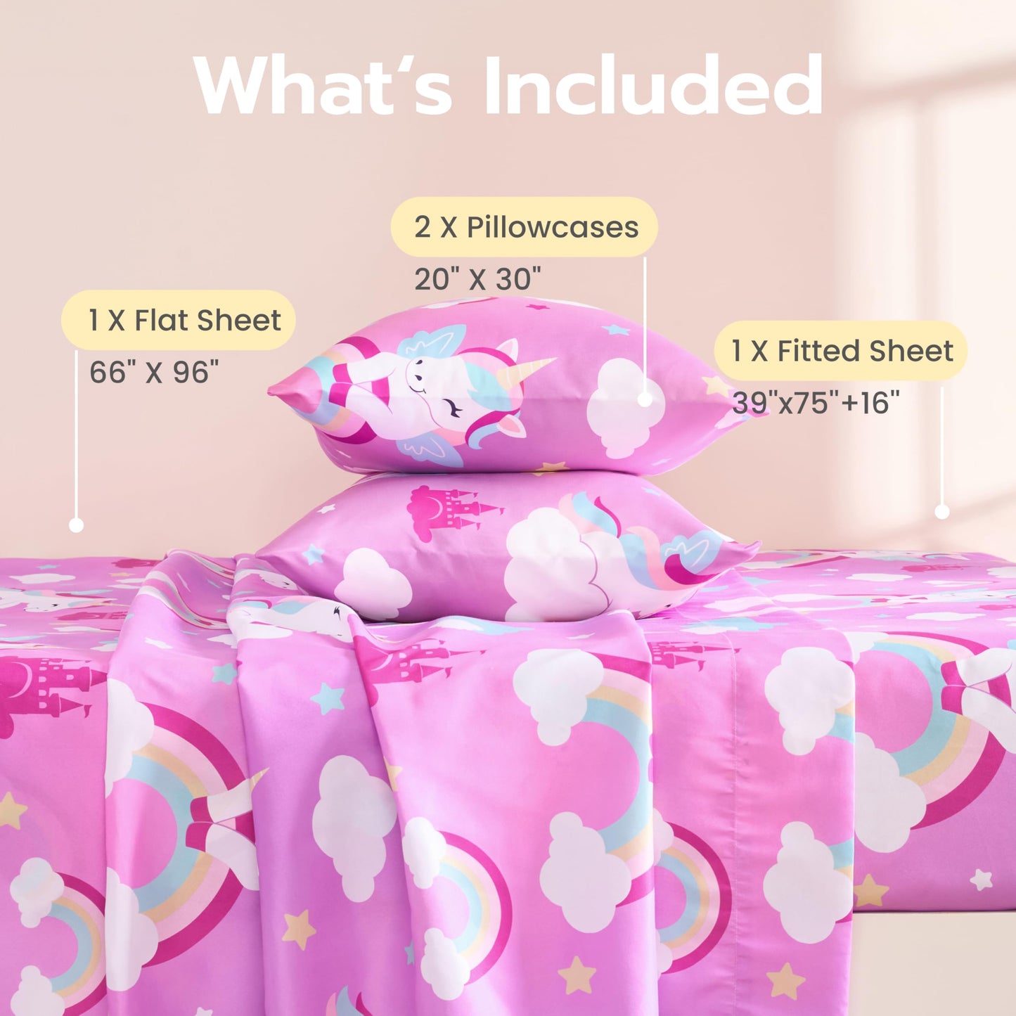 Joiedomi Kids Full Sheet Set Purple Unicorn - 4 Piece Soft Microfiber Bed Sheets - Deep Pocket Wrinkle Free, Cozy Toddler Bedding Set, Fade Resistant Breathable for Boys Girls Teens