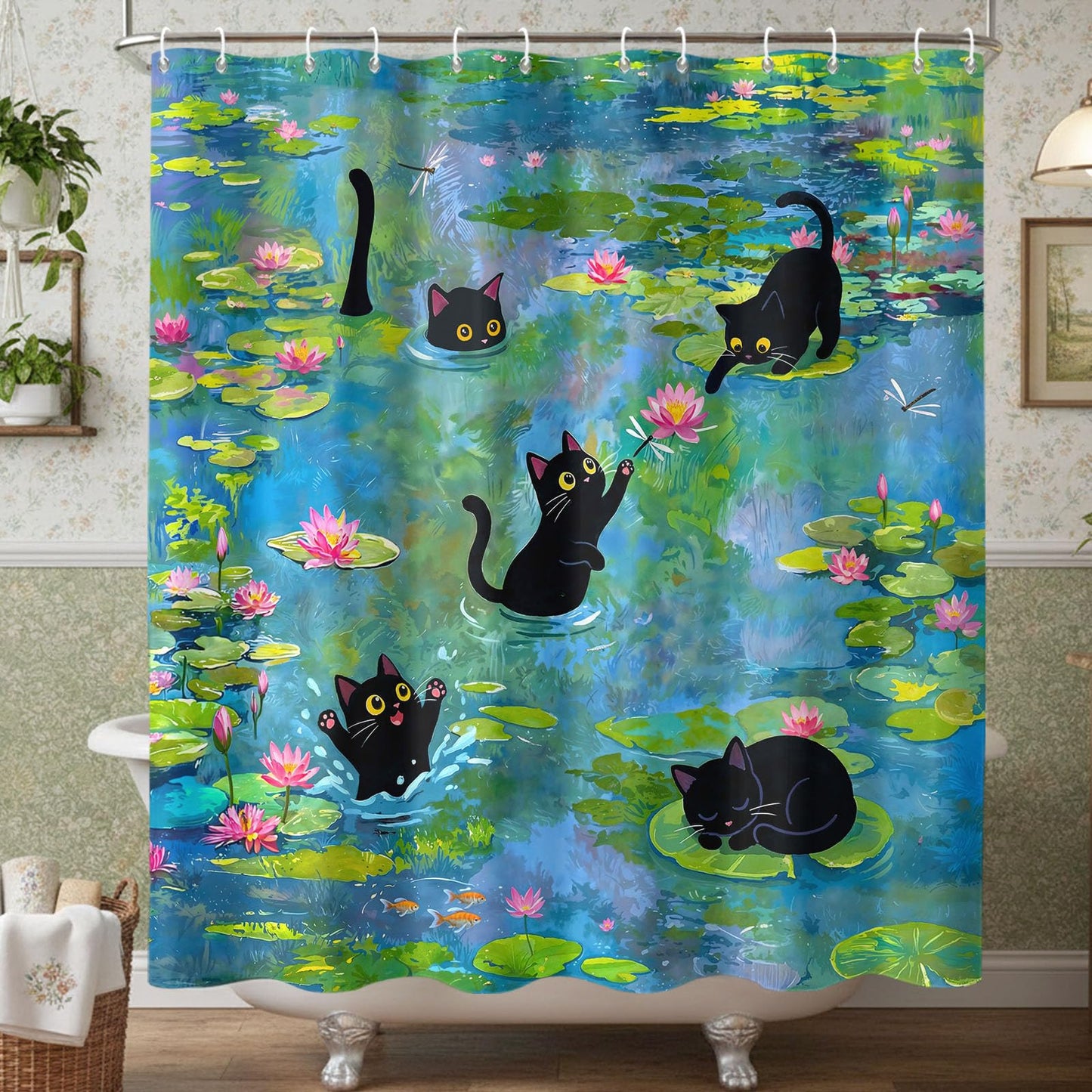 Haibimen Funny Black Cats Shower Curtain Sest Lily Pond Shower Curtain for Bathroom Waterproof Cute Cartoon Flower Nature Bathroom Decor Polyester Fabric 72 x 72 inch with Hooks (Green 1)