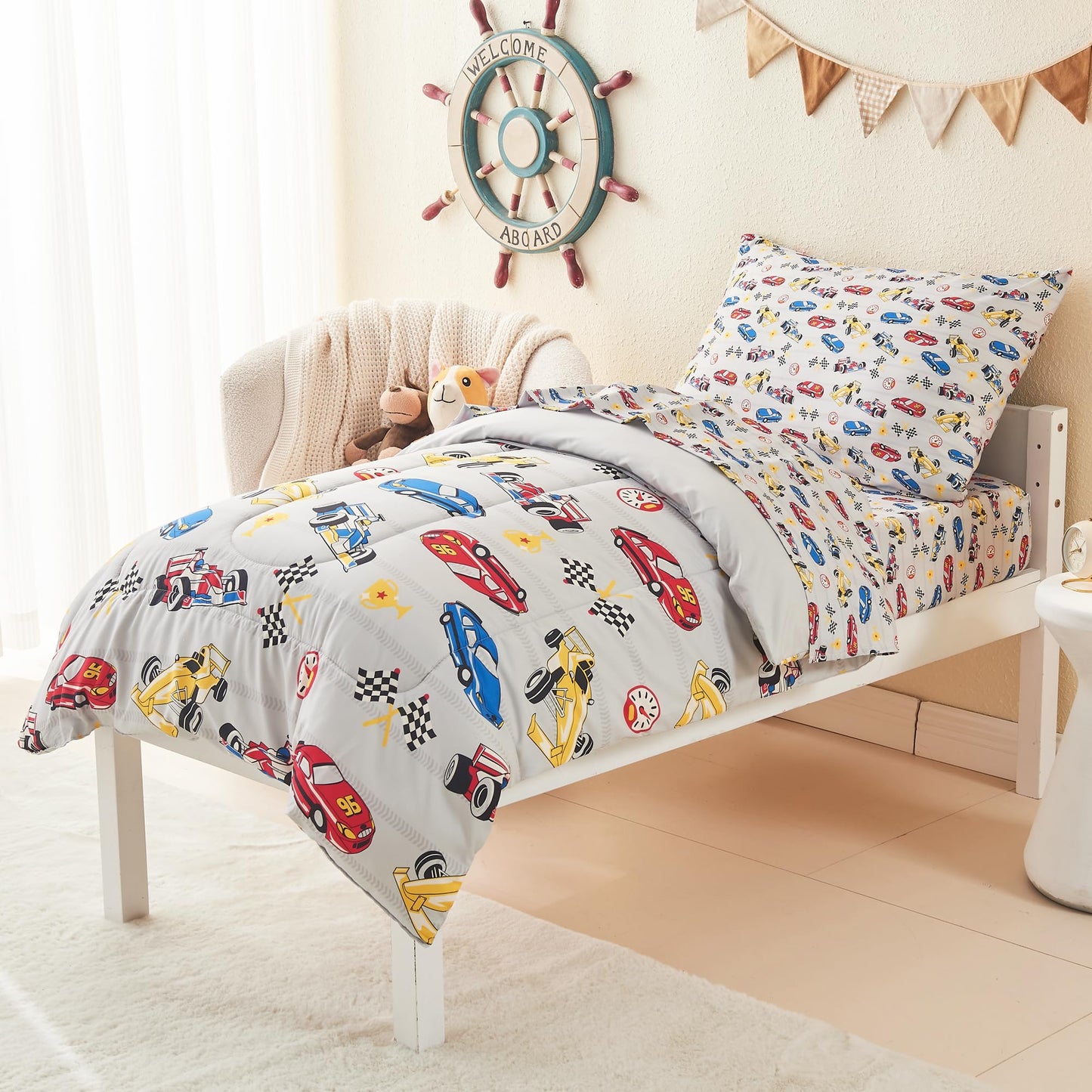 Mooreeke 4 Pieces Toddler Bedding Set - Soft Race Cars Toddler Comforter Sets for Girls, Includes Quilted Comforter, Flat Sheet, Fitted Sheet and Pillowcase, Bed in A Bag for Baby Bedroom