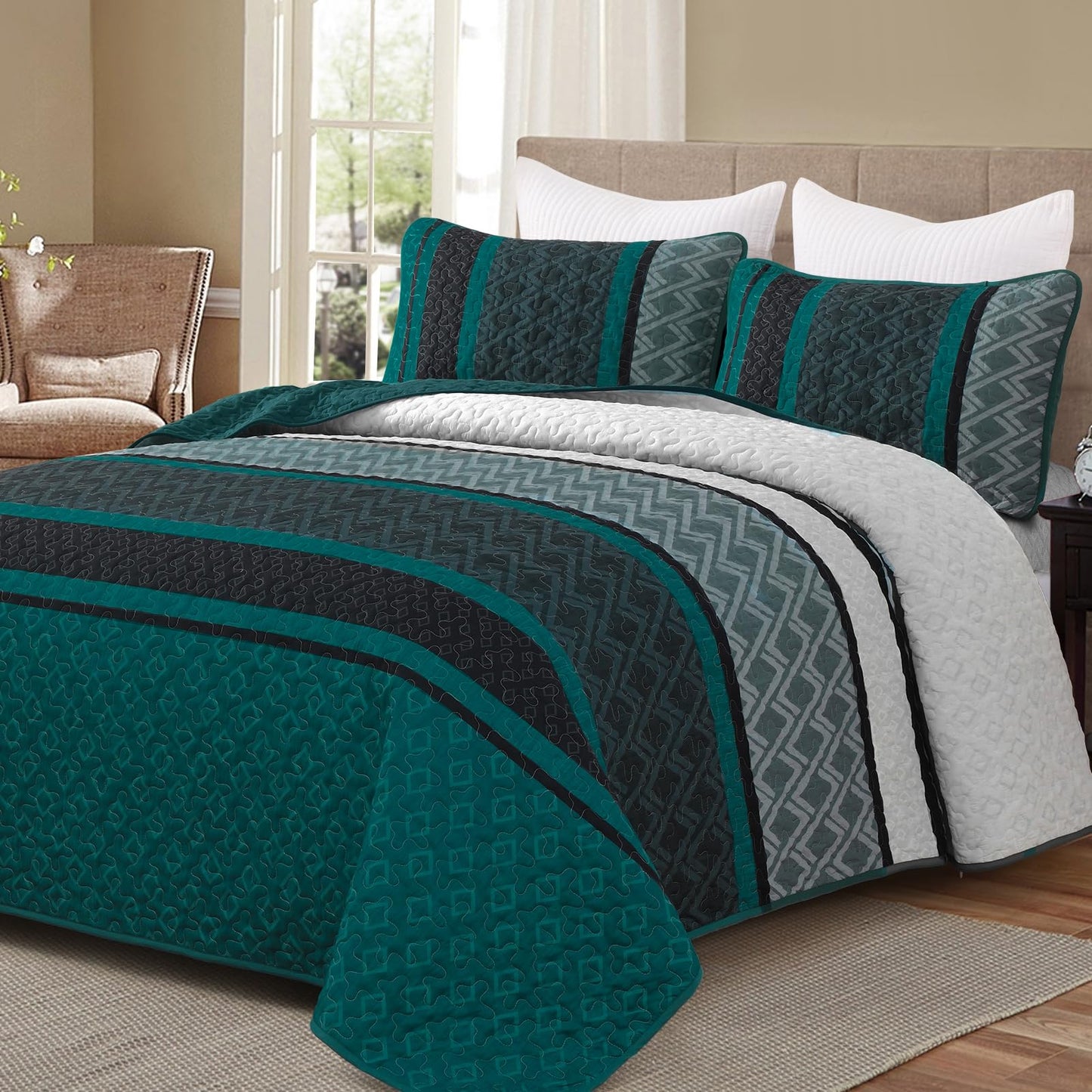 Dinjoy Boho Queen Quilt Set, Soft 3 Pieces Striped Bedspreads, Dark Green Bedding Sets Micofiber Lightweight Quilts with 2 Pillow Shams Coverlet Bed Sets for Women Men 96''x90''