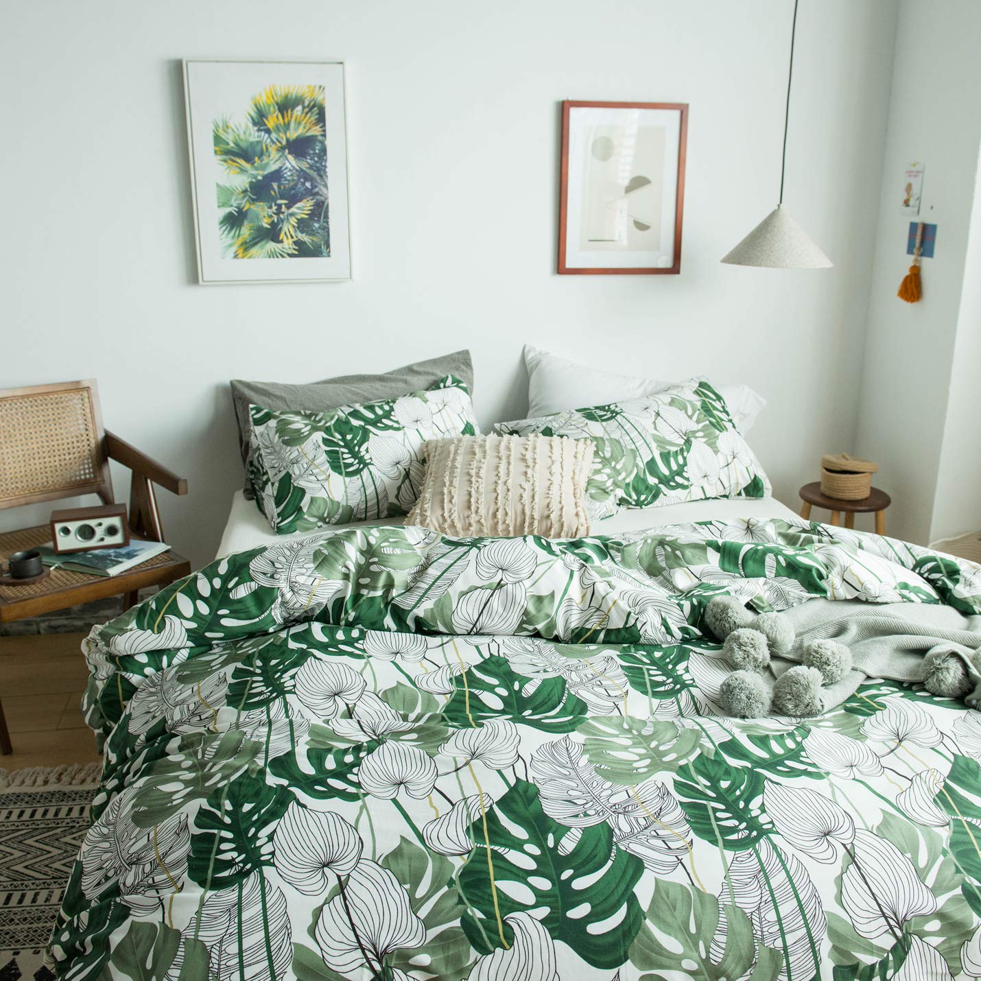 YuHeGuoJi Tropical Green Duvet Cover Queen 100% Cotton Coastal Monstera Leaves Duvet Cover 3 Pcs Set 1 Hawaiian Botanical Duvet Cover with Zipper Ties 2 Pillowcases Plant Print Bedding Set Soft