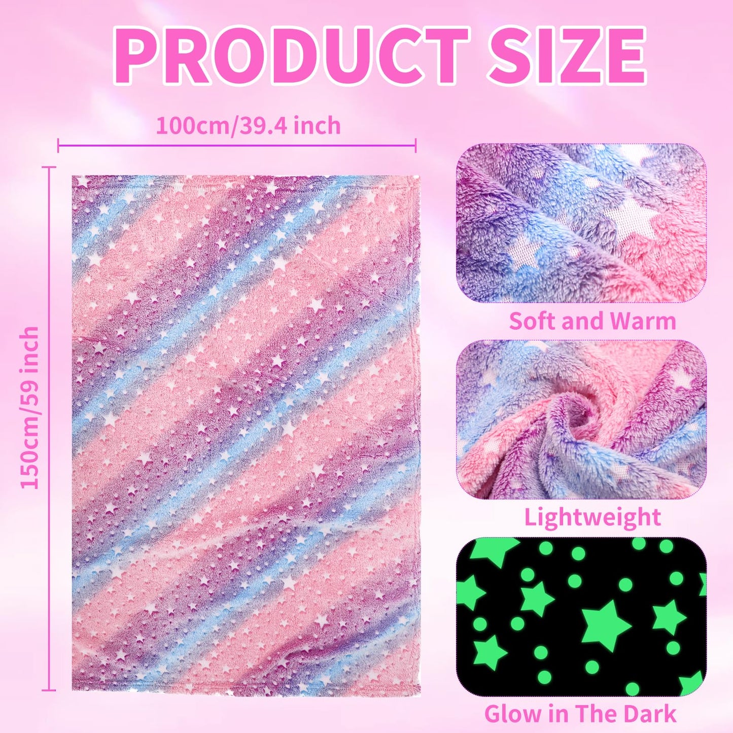 Wokuaile 6 Pcs Sleepover Party Supplies for Girl, Glow in The Dark Fleece Blankets Kids Warm Flannel Blanket for Teenager Bed Travel SPA Movie Party, Star, 40"x60"