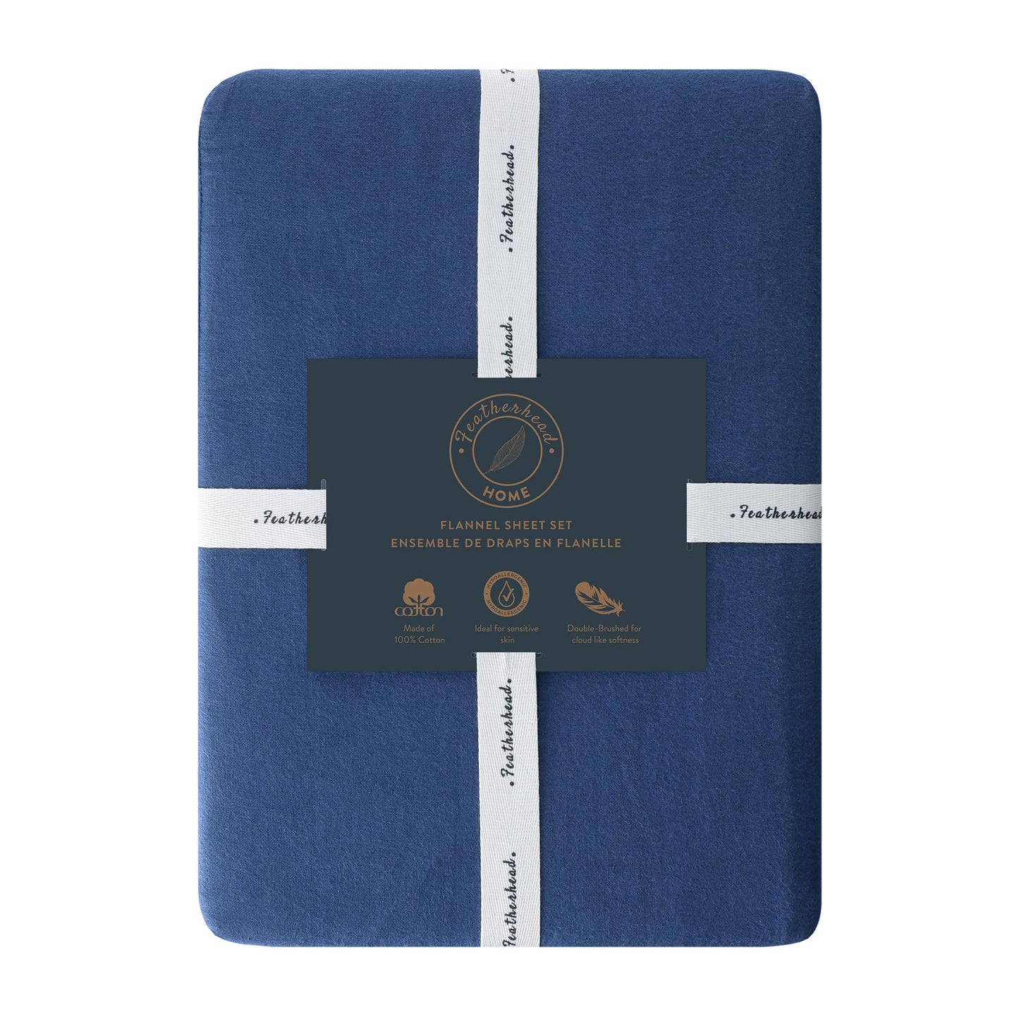 Featherhead 100% Cotton 4PCs Flannel Sheet Set | Double-Brushed for Extra Softness, Warm & Breathable, Extra Deep Pockets fits Up to 17” (Navy Blue, Full)