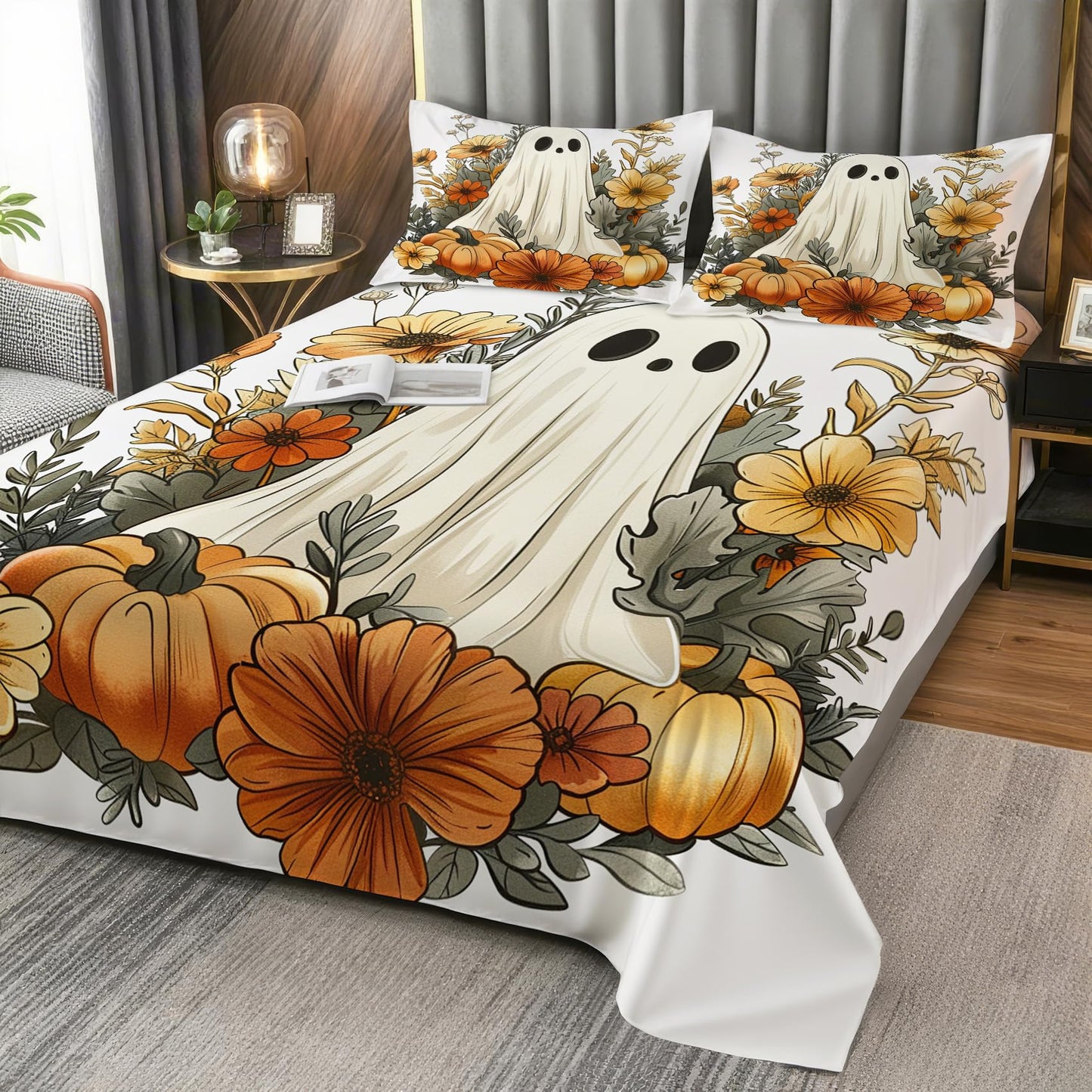 Halloween Sheets Twin Size - Autumn Ghost Pumpkin Bed Sheet Set - Deep Pocket Soft Microfiber Bedding Set 3 Piece - Fitted Flat Sheet Pillowcase - Halloween Bedroom Decor & Gifts