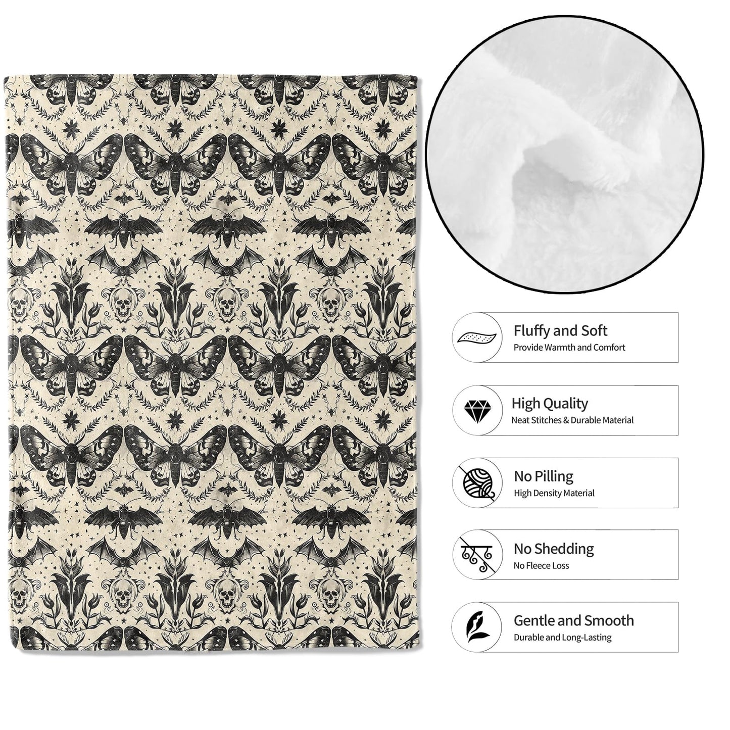 MIEPOS Gothic Moth and Skull Throw Blanket, 50x60in, Soft, Lightweight Flannel,Black and Beige Aesthetic with Bat Flower Star Blankets, for Academia Home Living Room Halloween Decor