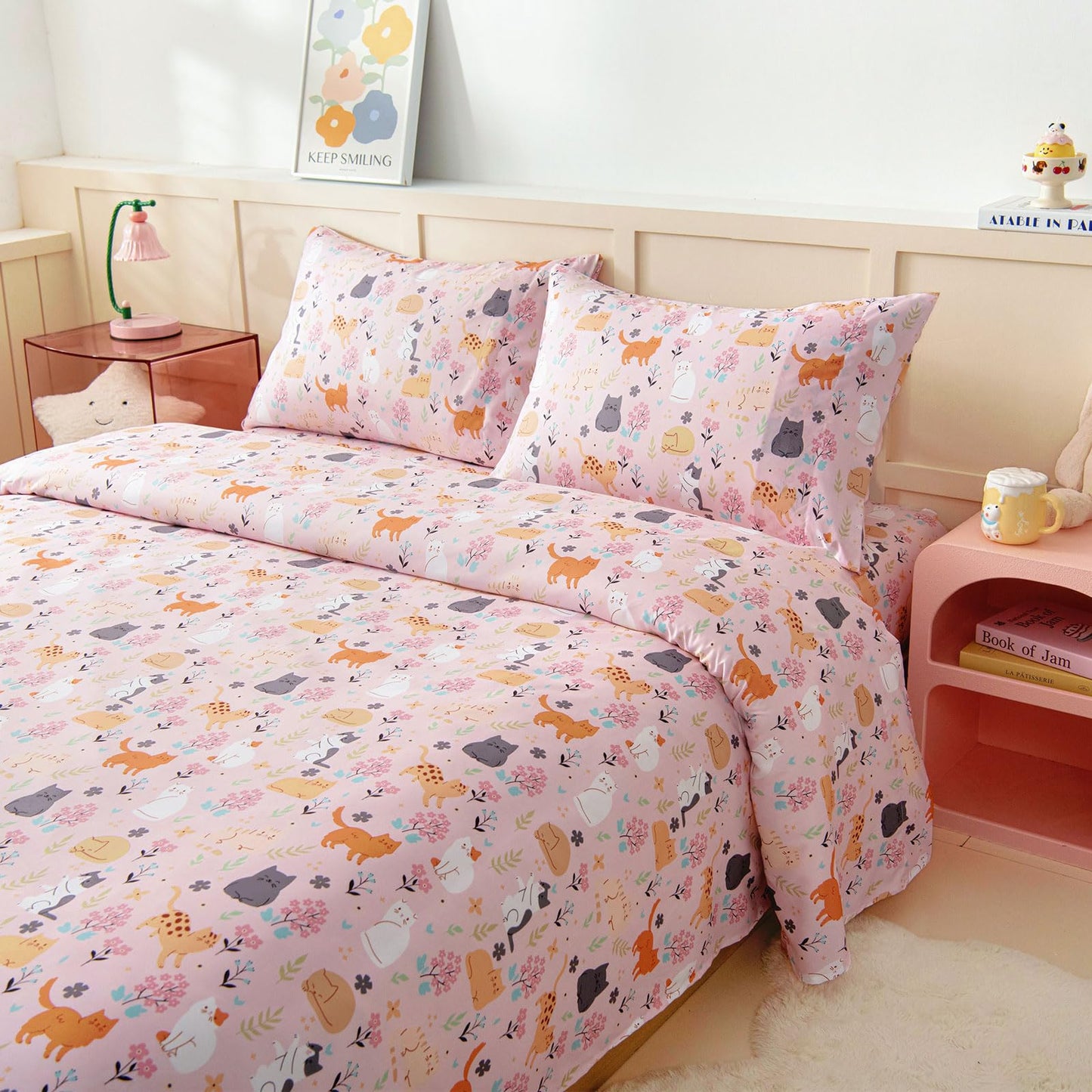 Swiftify Twin Sheet Set for Kids Girls, 3-Piece Bed Sheet Set for Toddler, Soft Brushed Microfiber Bedding, Deep Pocket, Wrinkle & Fade Resistant, Cute Cats