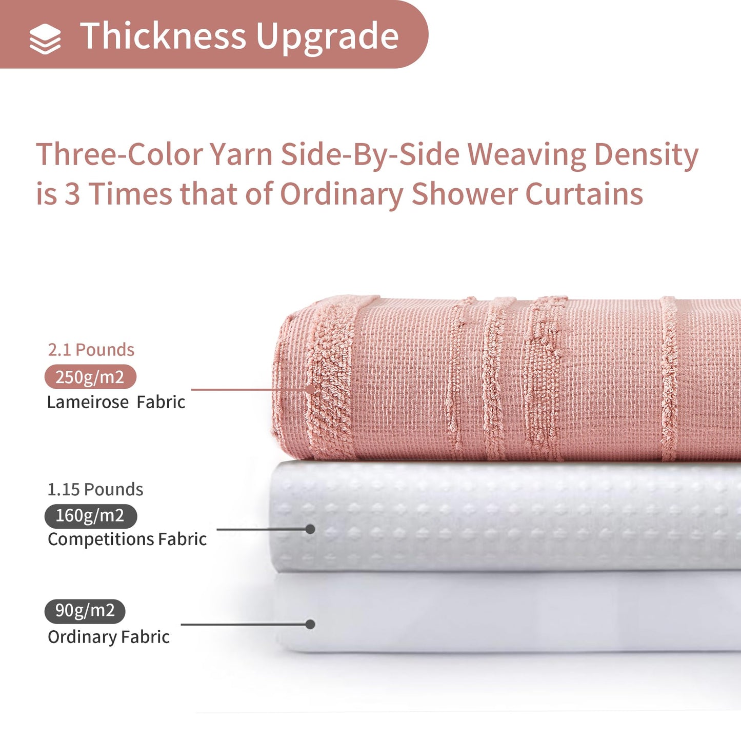 Lameirose Pink Shower Curtain Boho, Cotton Blend Waffle Shower Curtain Textured, Fabric Shower Curtains for Bathroom, Washable 72 x 72
