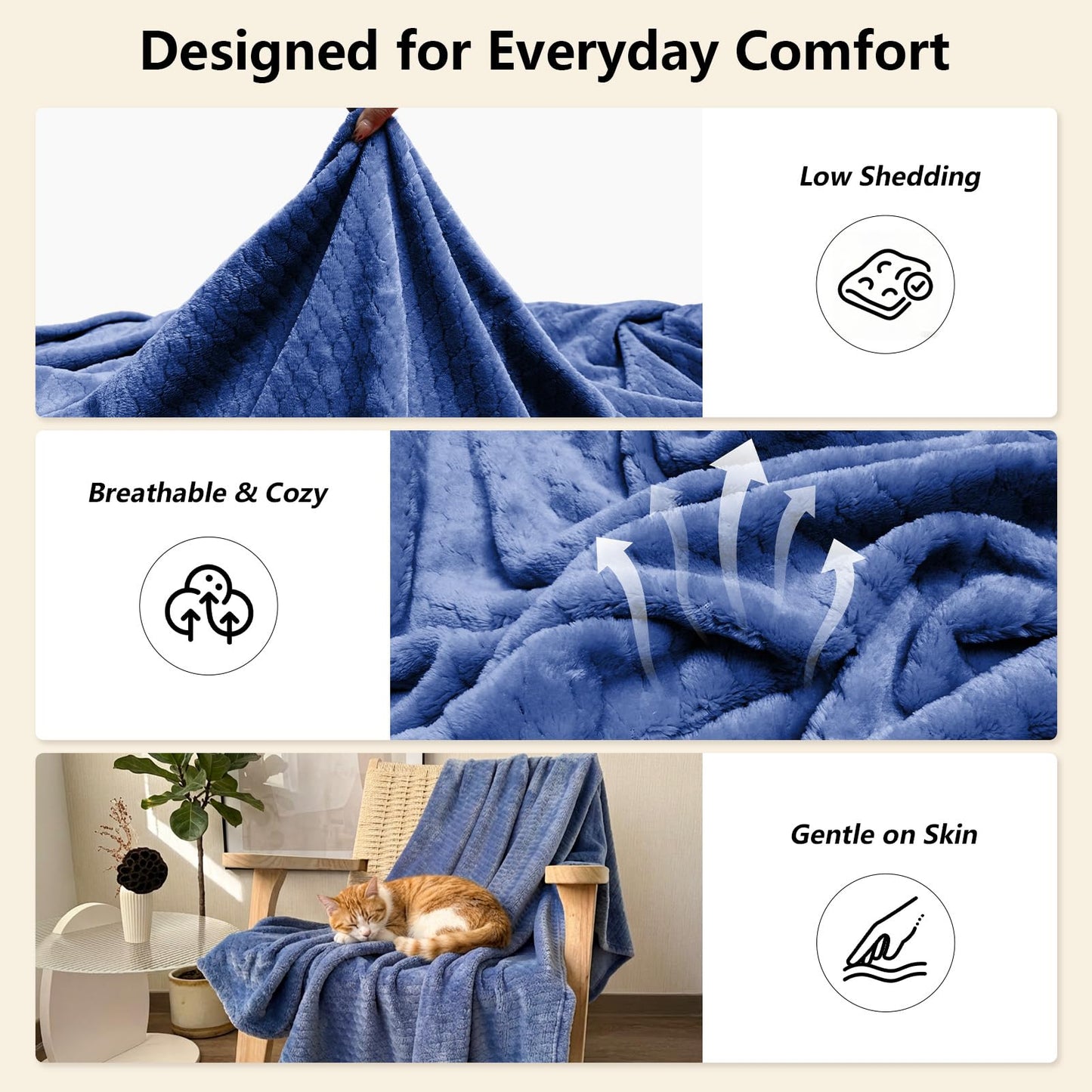 Kingcason Hoomly Soft Fleece Throw Blanket for AC Room, Soft Lightweight Flannel Blanket for Couch Travel Bed, Cozy Breathable Decor Gifts for Women & Men, Machine Washable, Denim Blue, 60x80 Inches