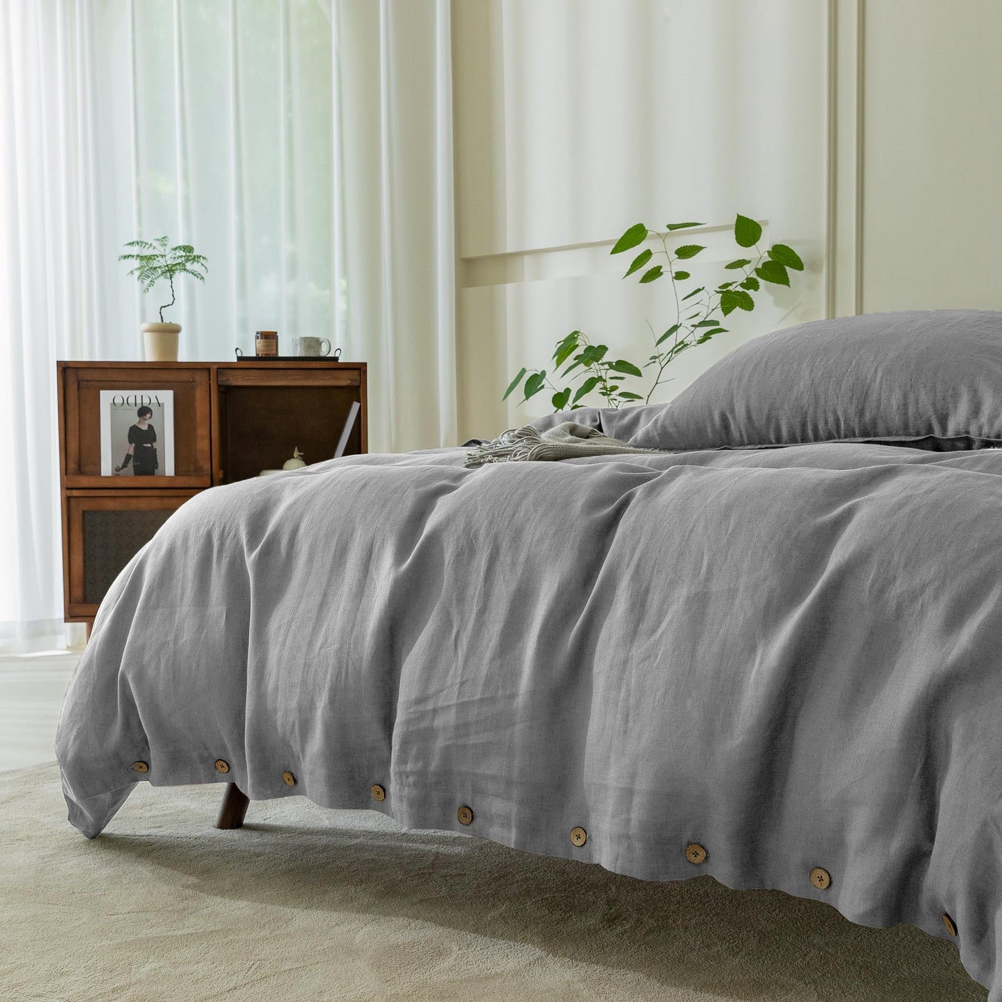 EVERLY 100% Pure Linen Duvet Cover Set Queen Size 90X90Inch 3pcs (1 Duvet Cover,2 Pillowcases) Soft and Breathable for All Season with Coconut Button Closure, Suitable for Hot Sleepers-Grey