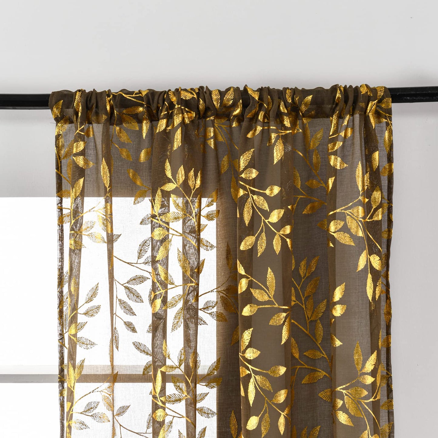 Sutuo Home Sheer Curtains 84 Inch Length 2 Panels Set, Luxury Gold Foil Printed Metallic Bronzing Leaves, Privacy Window Treatment Decor Drape Pair for Bedroom Dining Room, 52" W x 84" L, Taupe