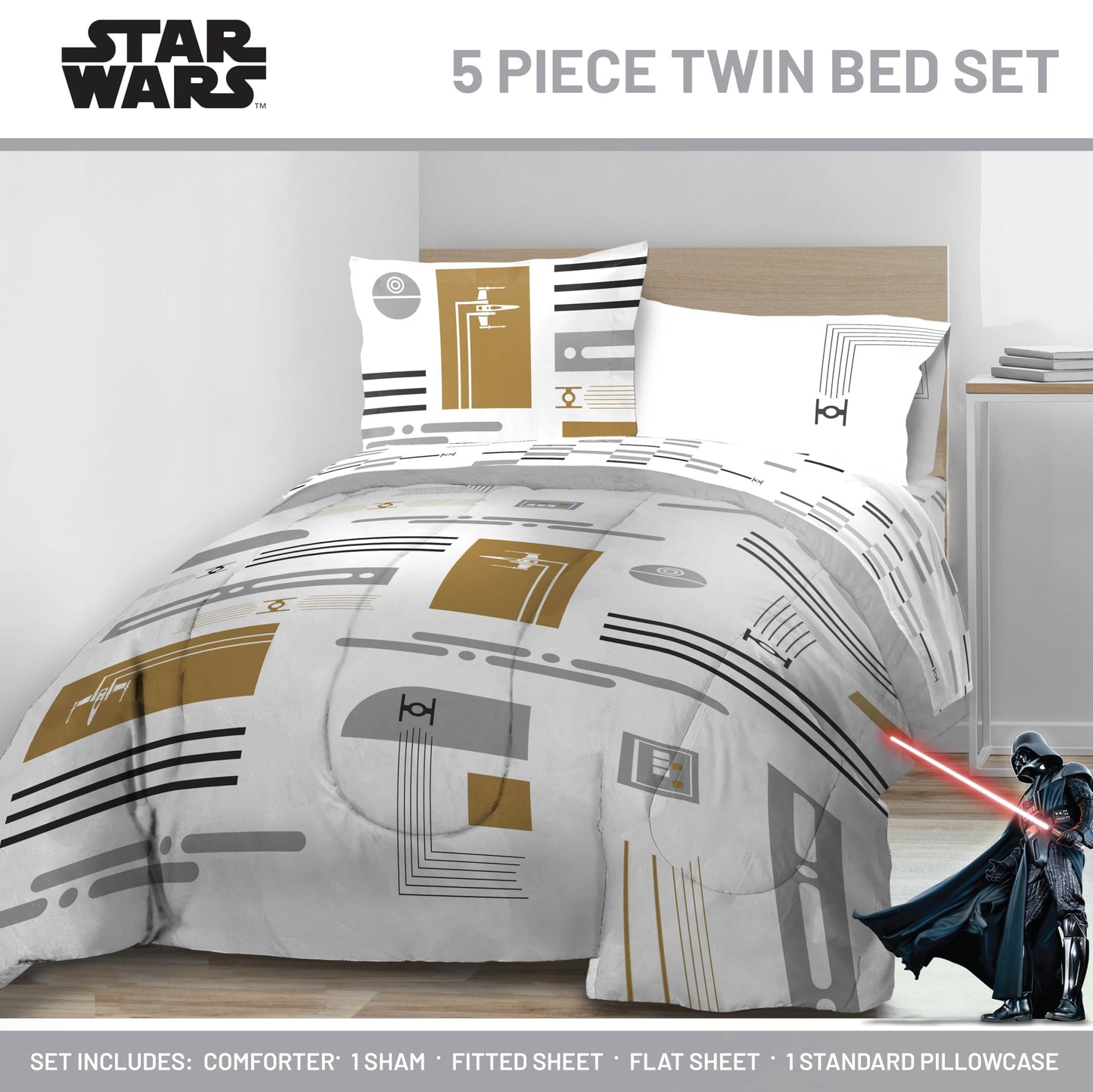 Jay Franco Comforter Set Includes Sheets and Pillow Covers - Soft and Cozy Bed Set for Stylish Room Decor, White - Star Wars, 5 Piece Twin Bedding