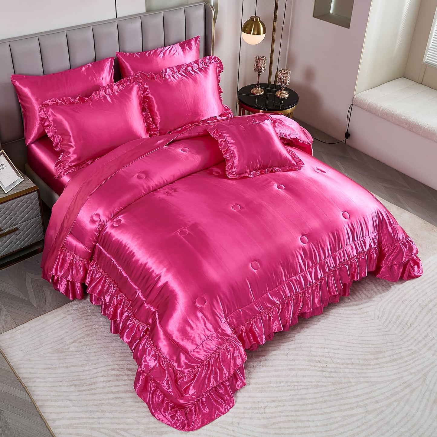 Satin Bed Set King Size,Luxuxy Satin Comforter Set with Sheets,Hot Pink Comforter Set,Silk Like Satin Bedding,8-Piece Ruffle Comforter Bed in a Bag Set, Pink Aesthetic Bedding Set