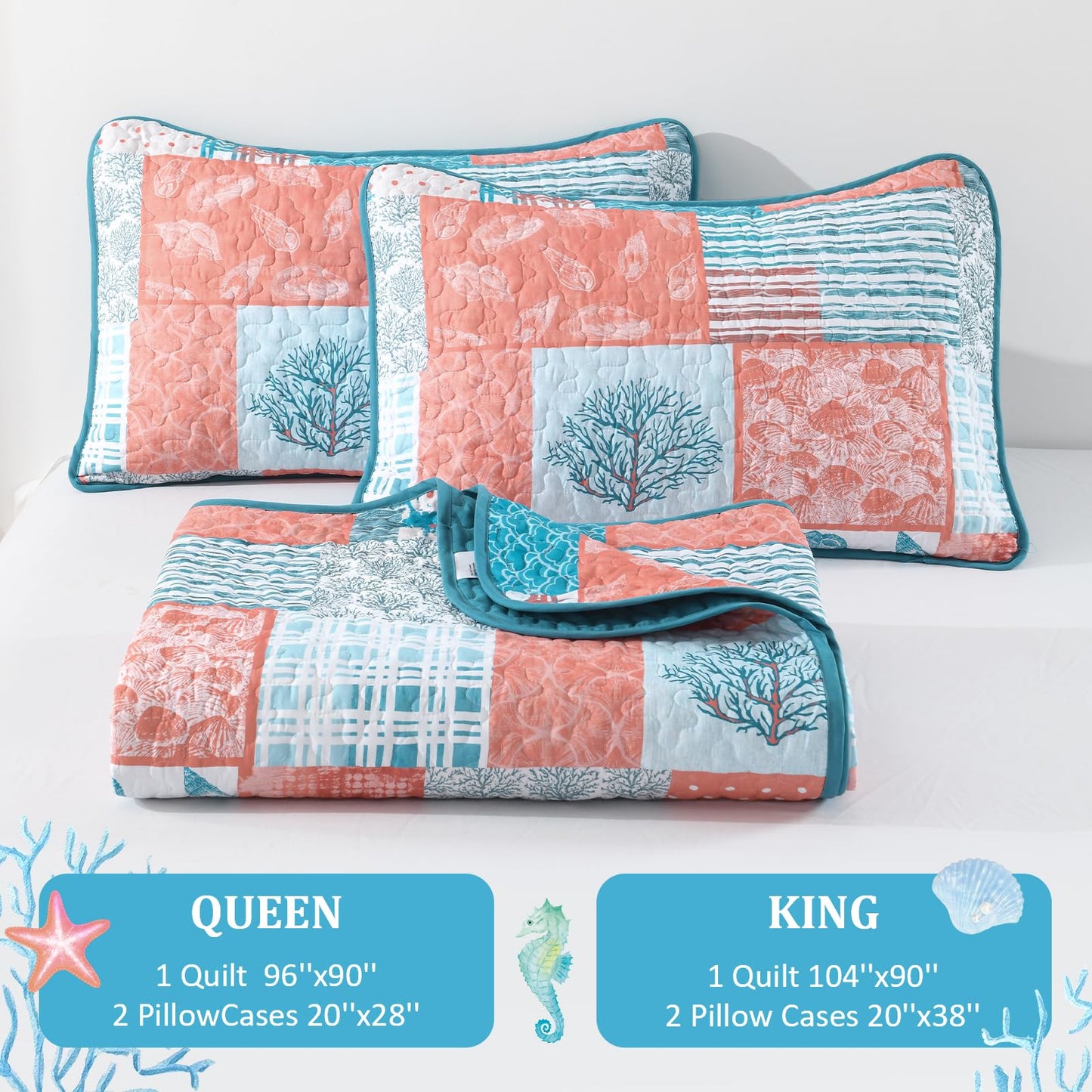 Xruibed Coral Pink Ocean Quilt Set Queen Coastal Beach Theme Quilt Soft Microfiber Bedspread with 2 Pillow Shams Patchwork Beach Bedding Quilt for All Season 90"x96"