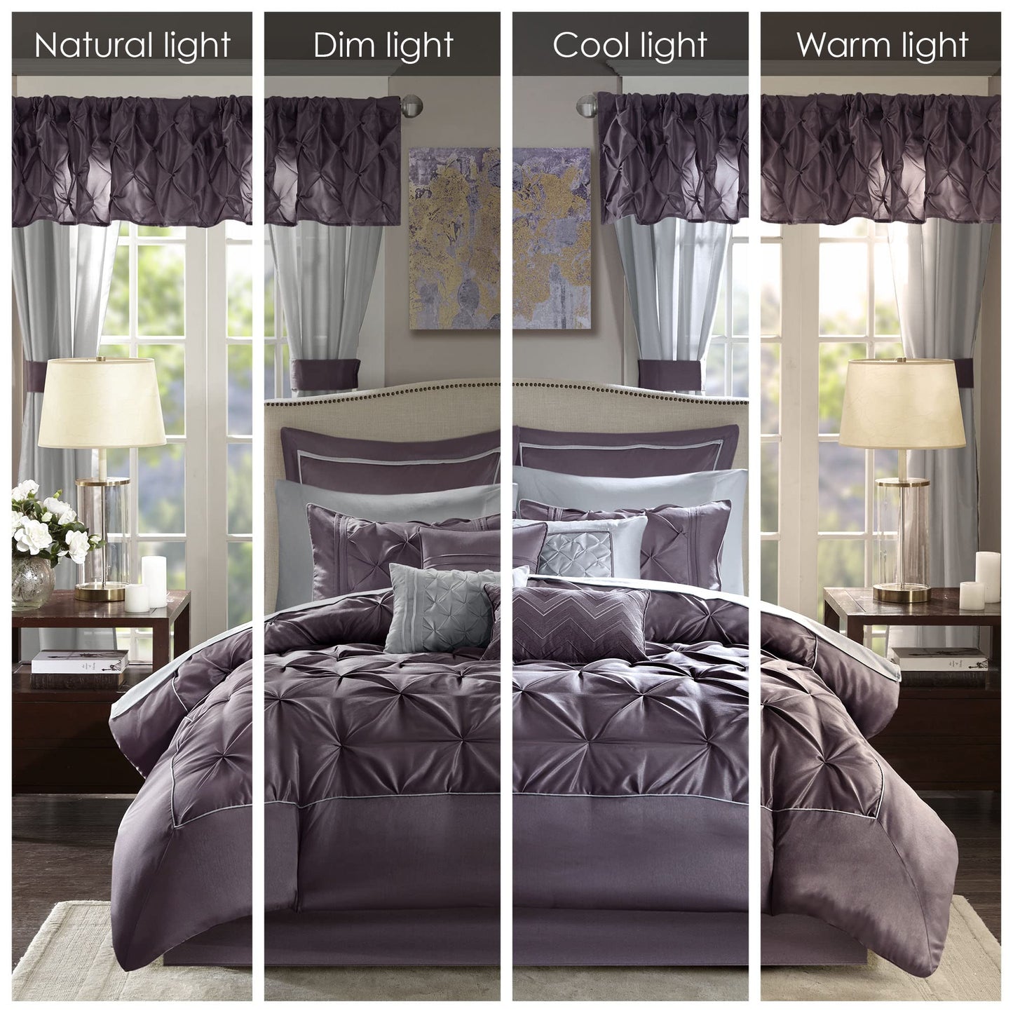 Madison Park Essentials King Comforter Set, 24 Piece Bedding With Matching Curtains, Decorative Pillows, Luxe Diamond Tufting , Room in a Bag Joella Collection, Plum King