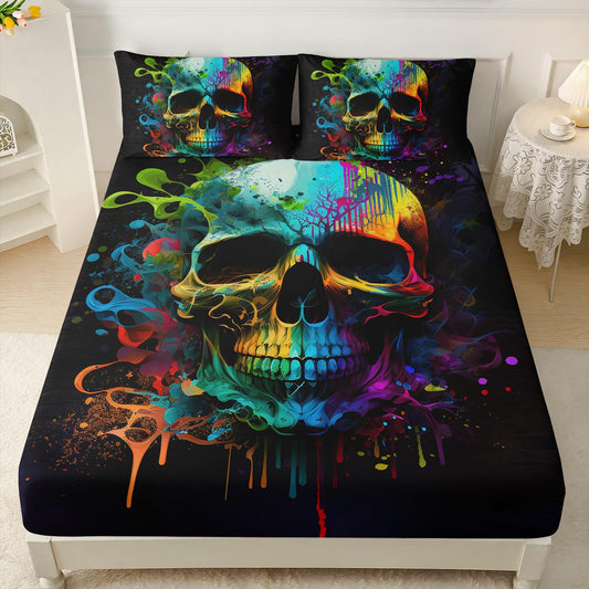 AILONEN Skull Fitted Sheet Set Queen Size,Watercolor Skeleton Bone Print Bed Sheet Set Queen,Colored Skull Black Fitted Sheet with 2 Pillowcases,3 Pieces Queen Fitted Sheet Set for Room Decor