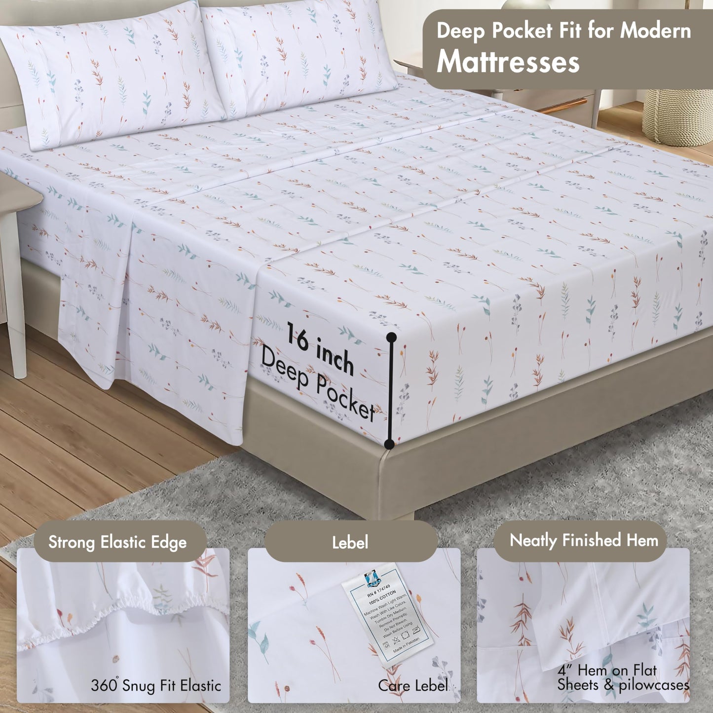 ZOYER 100% Cotton Sheets – Twin Size Percale Bedding, Cooling & Breathable, Durable with a Crisp, Soft & Comfortable Feel, 16" Deep Pocket, 3-Piece Set, Fairy Meadows