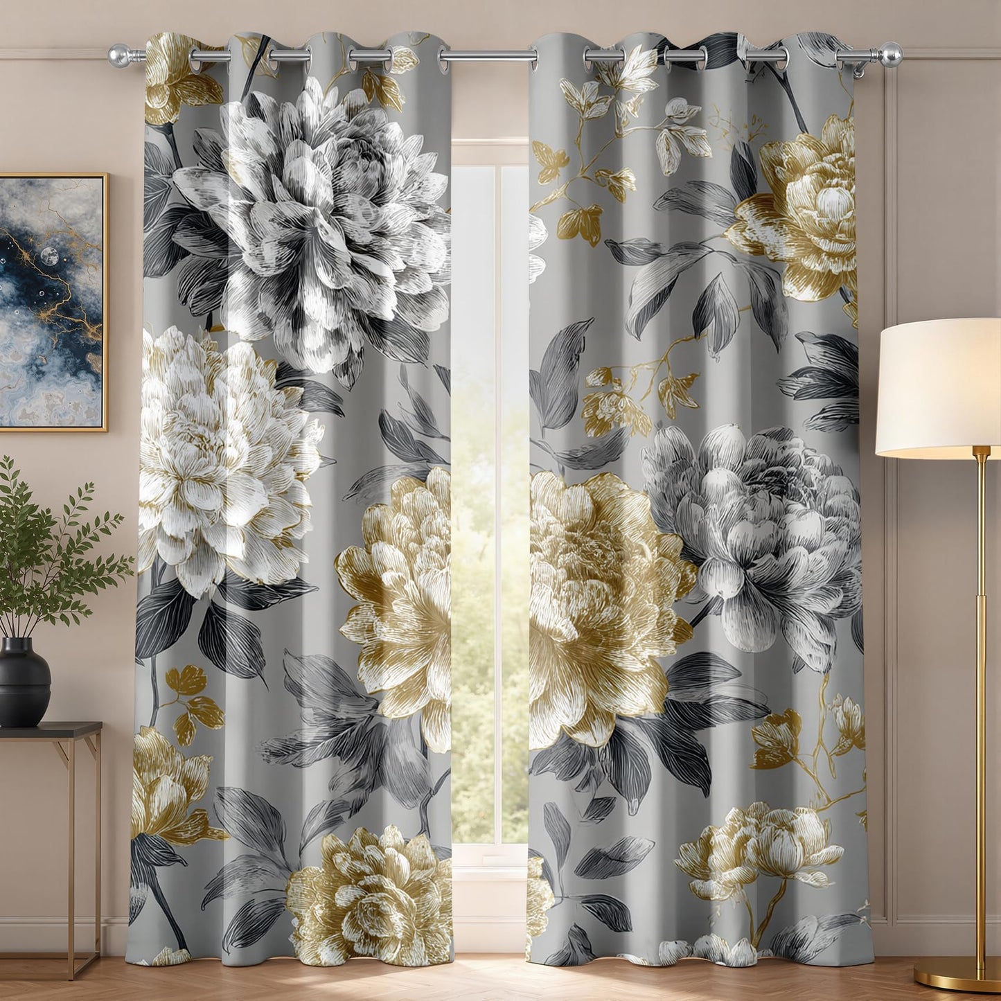 Peony Patterned Curtains Blackout, Thermal Insulated Room Darkening Grommet Drapes for Bedroom Living Room, 72 Inch Curtains 2 Panel Set, Luxury Vintage Farmhouse Grey Gold Peony Floral Treatments