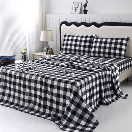 SDIII 4 Pieces Black and White Gingham Sheets Twin Size Bed Set, Soft Microfiber Striped Bed Sheets Twin, Black and White Checkered Bedding Sheet Set